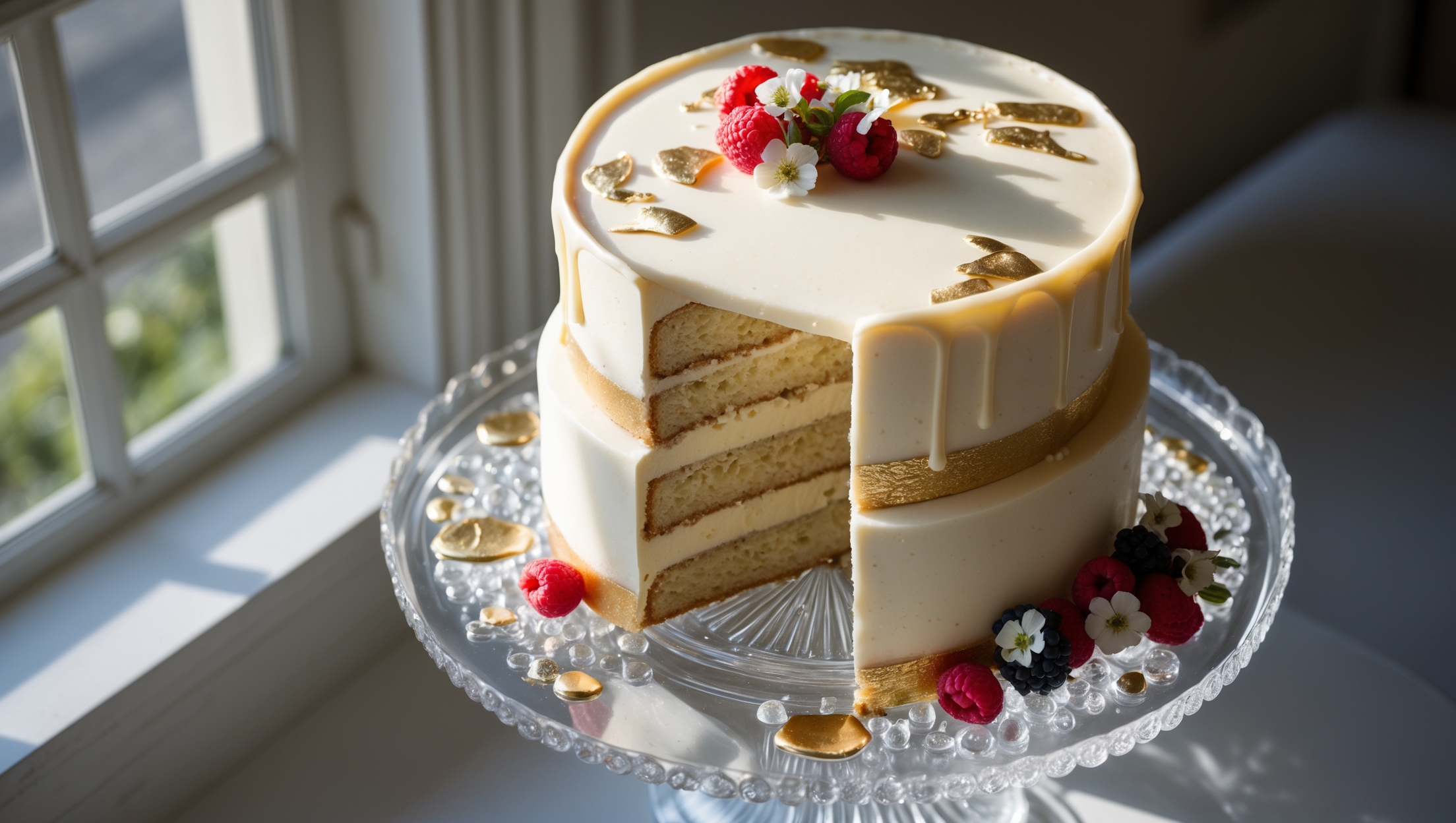 An overhead shot captures a three-tiered champagne layer cake on a crystal cake stand, its pale golden layers visible through the semi-transparent champagne buttercream frosting. The top is finished with a glossy champagne glaze that drips elegantly down the sides, catching the soft natural light streaming through a nearby window. Delicate gold leaf accents shimmer against the cream-colored frosting, while champagne bubbles are artfully scattered around the base. A freshly cut slice reveals the moist, tender crumb of the cake layers with their subtle champagne soak, creating a beautiful contrast against the pristine white plate it rests on. Fresh berries and edible flowers provide pops of color against the sophisticated monochromatic palette.