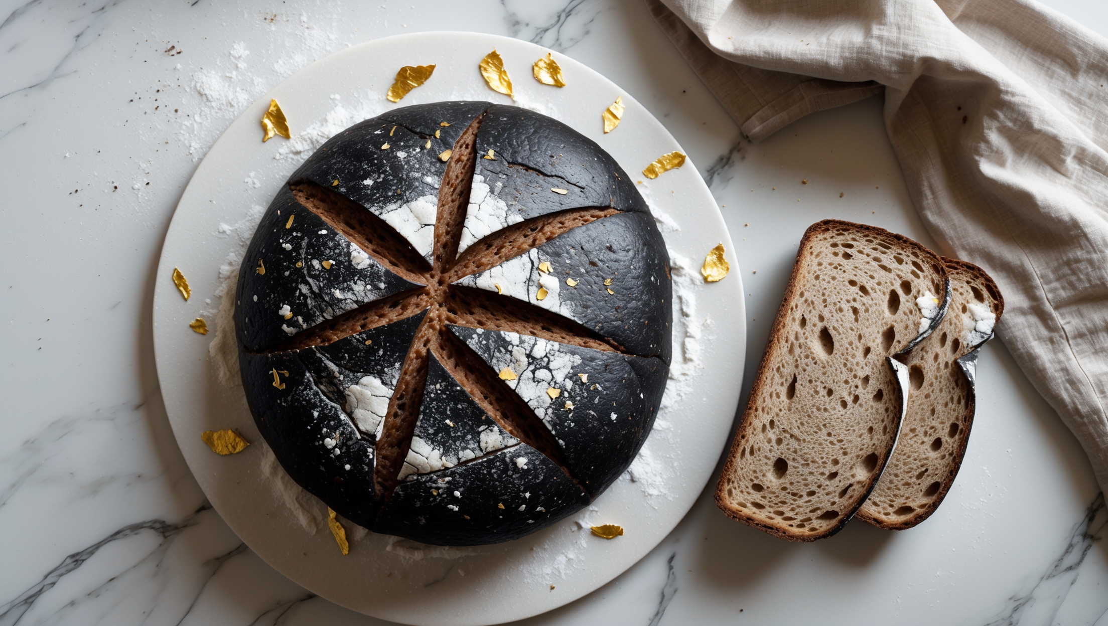 An overhead shot captures a striking round loaf of jet-black bread on a minimalist white marble surface, its deeply scored top dusted with flour creating dramatic white lines against the intense charcoal color. A cross-section reveals the bread's surprisingly light interior crumb structure with delicate golden streaks from the edible gold leaf shimmering under soft natural light. Small flecks of sea salt crystals catch the light on the crust's surface, while a wooden bread board and linen napkin in muted tones frame the composition, emphasizing the bread's dramatic coloring and artisanal quality.