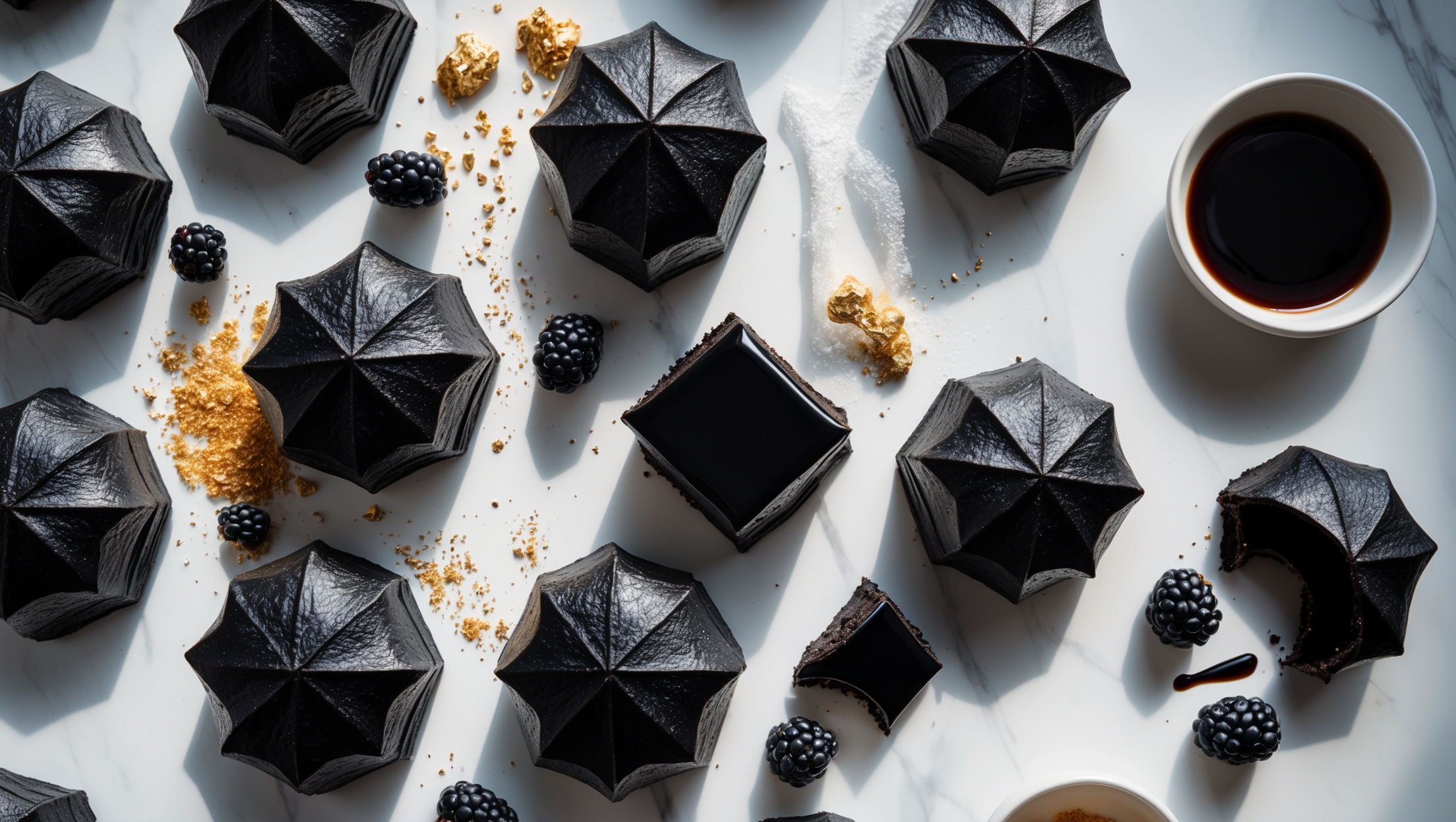 An overhead shot captures a dozen geometric black Danish pastries arranged on a pristine white marble surface, their mirror glaze reflecting studio lighting like obsidian gems. A cross-section view reveals delicate laminated layers within the charcoal-darkened dough, while close-up details highlight the perfect glass-like finish of the mirror glaze. The styling includes scattered edible gold dust that creates striking pinpoints of light against the black surfaces, a few fresh blackberries, and a small bowl of the remaining mirror glaze showing its liquid depth. Natural light from a side window emphasizes the contrast between the matte black pastry and its reflective glaze coating, with steam wisping from a freshly broken pastry to suggest its fresh-from-the-oven warmth.
