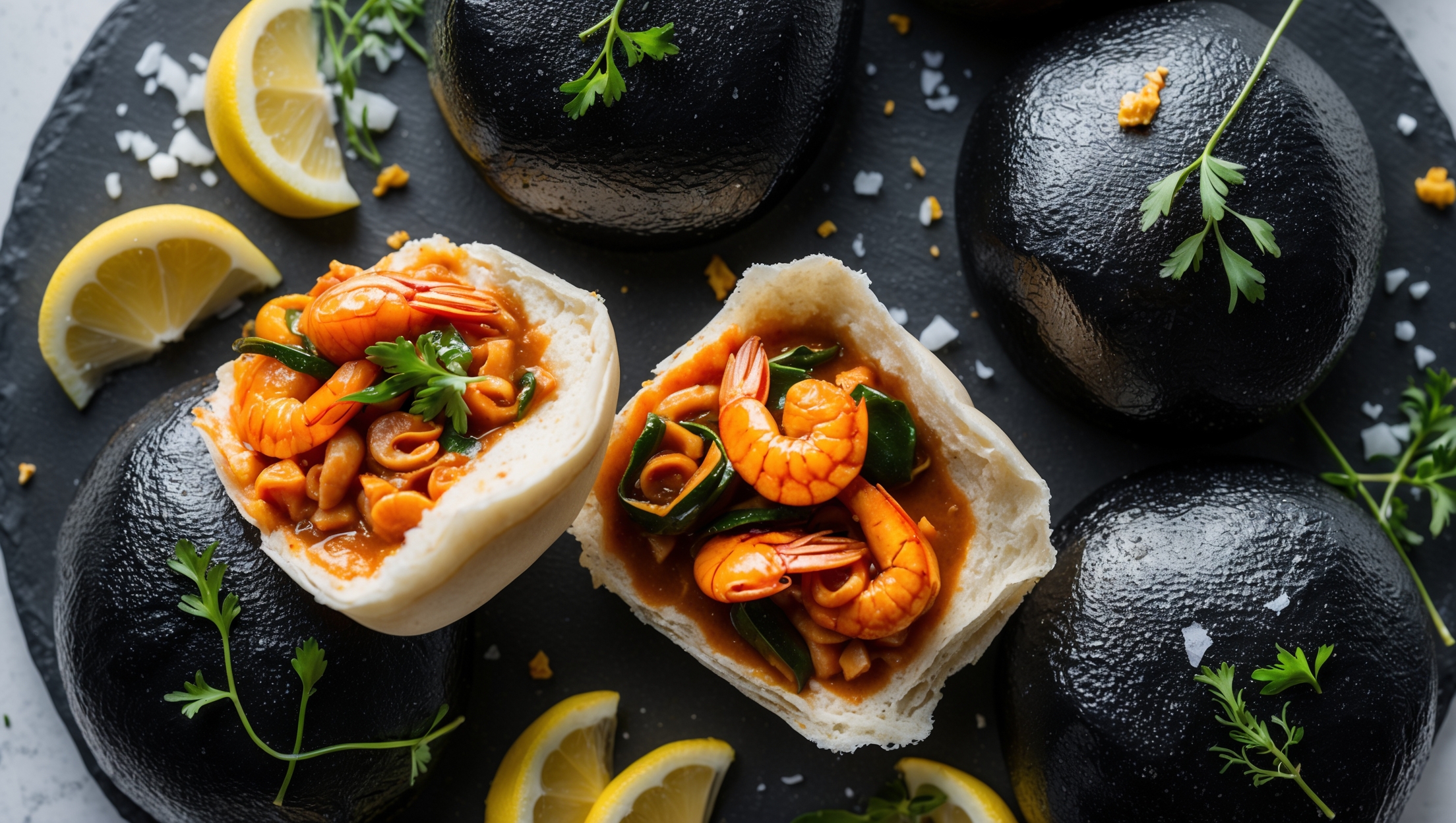 An overhead shot showcases a quartet of glossy black charcoal buns arranged on a slate platter, one torn open to reveal the golden-orange seafood filling glistening within. The soft natural light accentuates the dramatic contrast between the midnight-black exterior and the rich, caramelized seafood interior. A close-up reveals the pillowy texture of the charcoal dough against the succulent seafood morsels bound in a velvety sauce. Scattered fresh herbs, lemon wedges, and a light dusting of sea salt flakes provide vibrant color accents against the monochromatic pastry, while wisps of steam suggest they've just emerged from the oven.