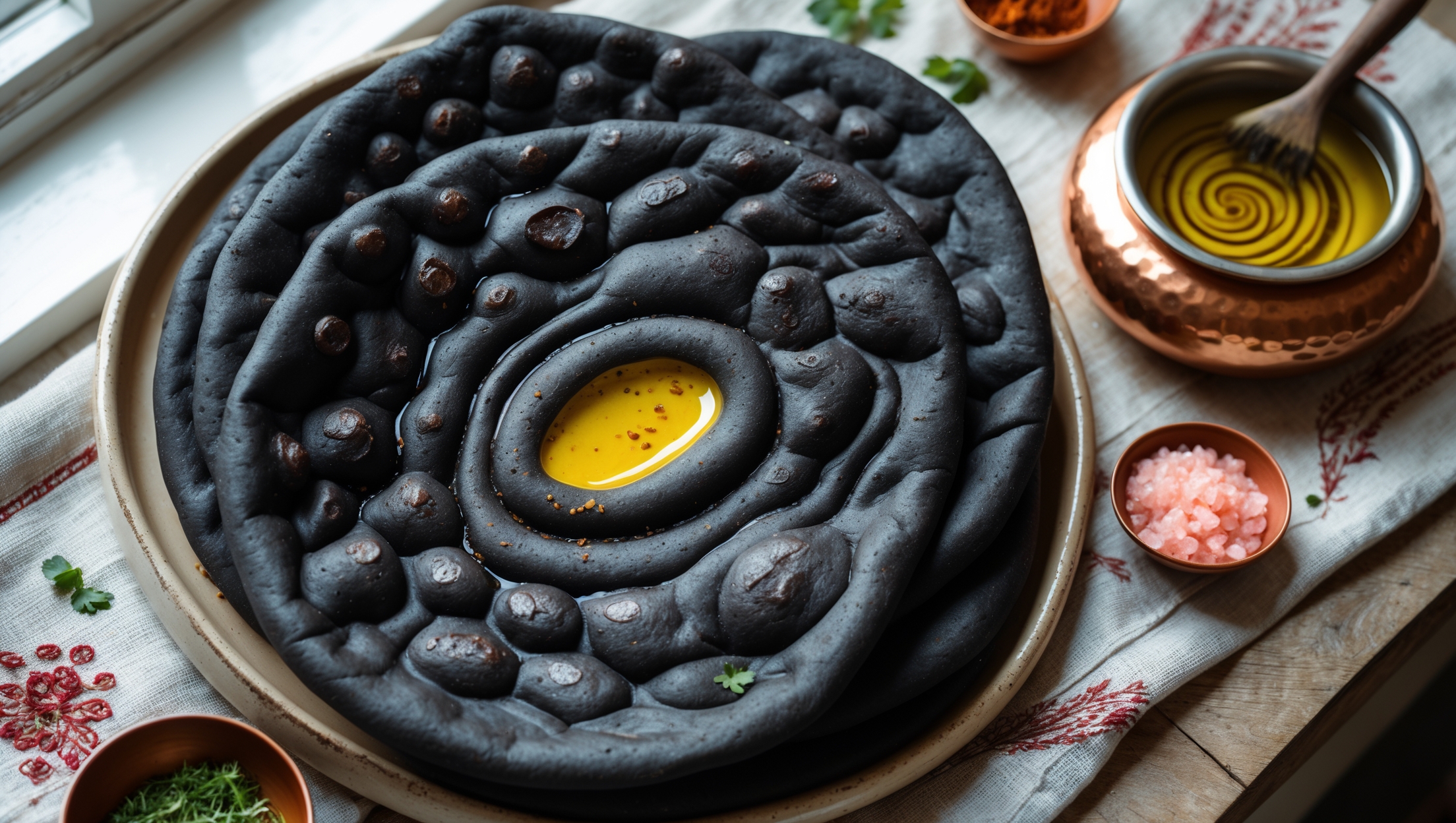 An overhead shot captures a stack of charcoal-black naan breads with distinctive charred bubbles and stretch marks on a handmade ceramic platter, illuminated by soft window light. A small copper pot of golden cultured ghee sits alongside, its surface glistening with a swirled pattern where a brush has just been drawn through it. Close-up details reveal the bread's pillowy texture contrasted against the dramatic black color, while scattered fresh herbs and pink Himalayan salt provide vibrant color accents. The composition sits on a textured linen cloth with traditional Indian patterns, surrounded by small bowls of additional toppings and a sourdough starter jar partially visible at the edge of the frame.