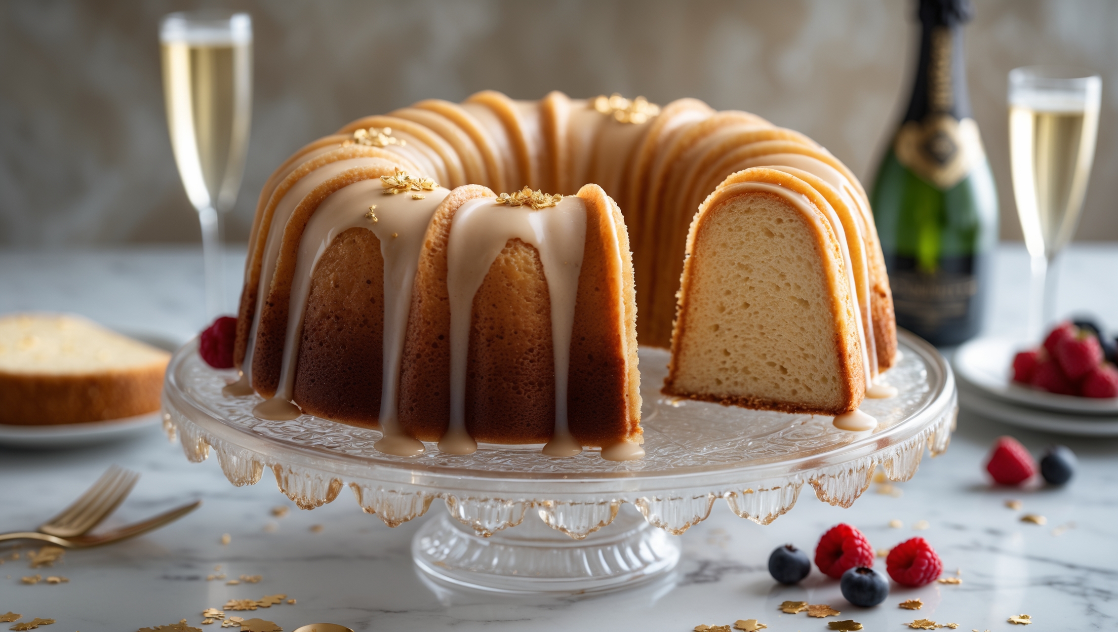 An elegant champagne bundt cake photographed in soft natural light, showcasing its golden exterior and perfect ring shape with deep ridges capturing the champagne glaze that drips tantalizingly down its sides. A cross-section view reveals the cake's fine, moist crumb structure with tiny air pockets created by the champagne's carbonation. The cake sits proudly on a vintage crystal cake stand, with a few fresh berries and edible gold flakes scattered around as garnish. In the background, a blurred champagne flute and an uncorked bottle suggest celebration, while the warm golden tones of the cake contrast beautifully against a cool marble surface, highlighting the cake's luxurious appeal.