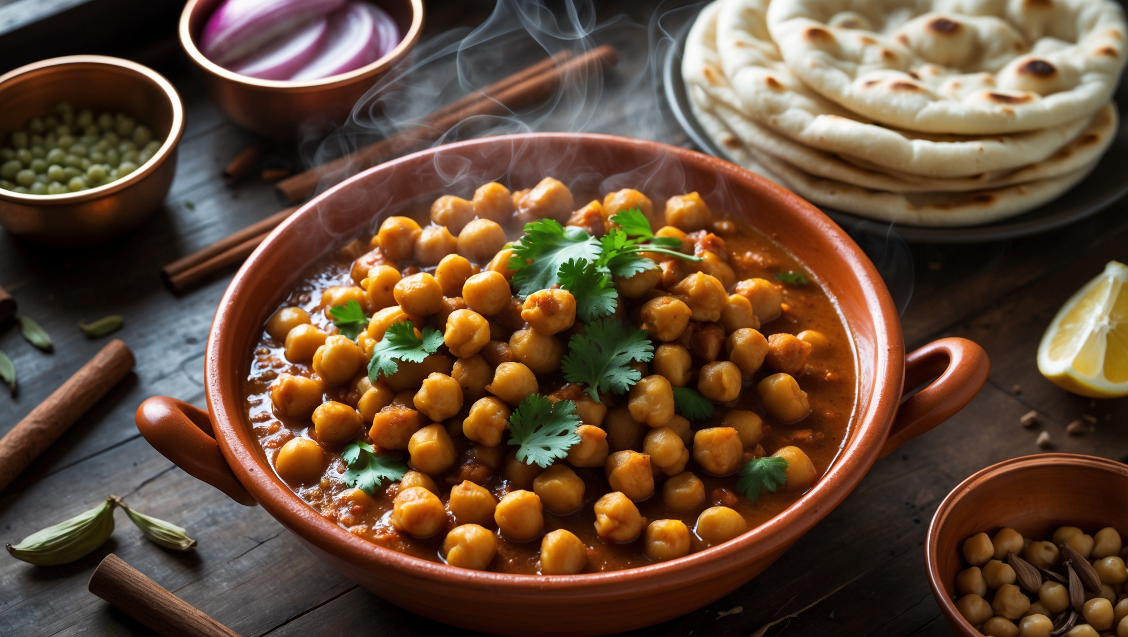 An overhead shot of a terracotta serving bowl filled with glistening Chana Masala, where plump chickpeas are bathed in a rich, reddish-brown sauce flecked with vibrant green cilantro. Steam rises gently, catching the warm natural light streaming through a nearby window. The dish sits on a rustic wooden table alongside a stack of homemade naan bread, with small copper bowls of additional chopped cilantro, sliced red onions, and wedges of lemon arranged artfully around the main bowl. The scattered whole spices—cinnamon sticks, cardamom pods, and cumin seeds—provide visual cues to the aromatic flavor profile, while the varying textures of the sauce and whole chickpeas create enticing dimension in this classic Indian comfort food.