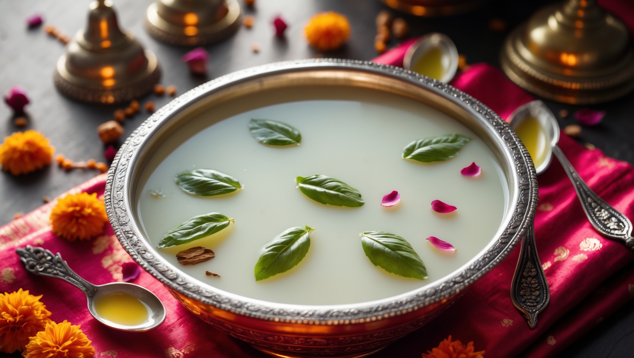 An overhead shot of Charnamrit served in a traditional silver or brass bowl, the creamy white liquid glistening under soft natural light. Small decorative spoons rest beside the bowl on a vibrant red silk cloth adorned with marigold flowers. Close-up details reveal delicate floating basil leaves and the distinctive golden hue of ghee collecting at the edges, while scattered nuts and rose petals add visual texture. The styling evokes a sense of reverence, with traditional temple bells and incense in the blurred background, capturing the spiritual significance of this ceremonial offering.