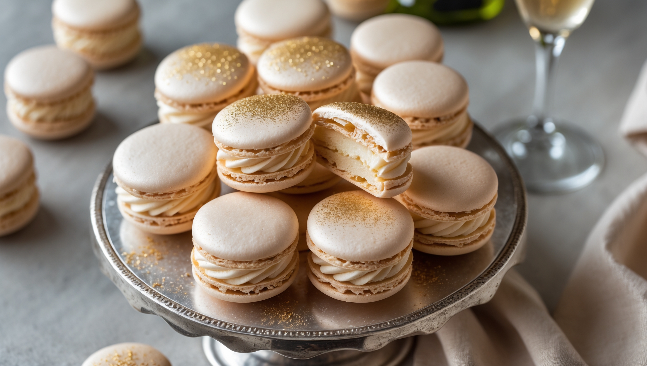 An overhead shot of perfectly formed champagne macarons arranged in a spiral pattern on an antique silver cake stand. The shells display a pale golden hue with smooth domed tops and frilly "feet" at their base. Shot in soft natural light, several macarons are stacked to showcase the generous champagne buttercream filling peeking from between the shells. Gold luster dust sparkles on the tops, mimicking champagne bubbles, while a champagne flute sits blurred in the background, creating depth. A cross-section reveals the airy interior texture of one macaron against the silky, creamy filling, all set against a neutral linen backdrop that highlights the delicate colors.