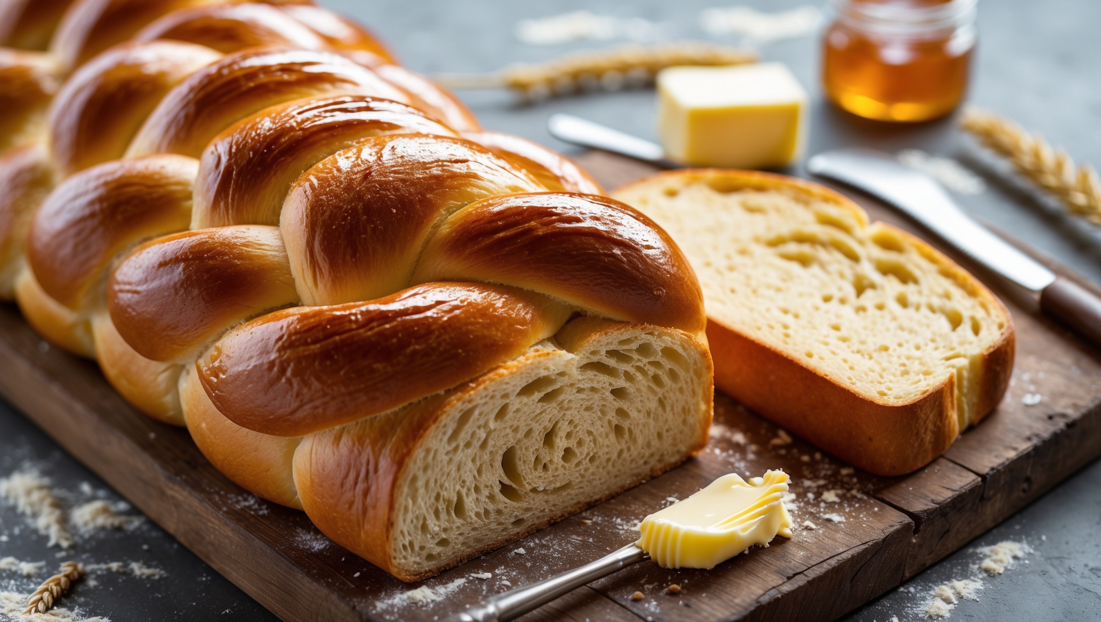 A golden-brown challah sandwich loaf photographed from a 45-degree angle showing its perfectly braided top with shiny egg wash glaze catching the soft natural light. A cross-section reveals the tender, slightly yellow interior with a fine, pillowy crumb structure. The loaf rests on a rustic wooden board with scattered flour and a few wheat stalks for styling. A slice has been cut away displaying the bread's perfect sandwich-making texture, while behind it sits a small jar of honey and a butter knife with a curl of salted butter, hinting at the bread's subtle sweetness.