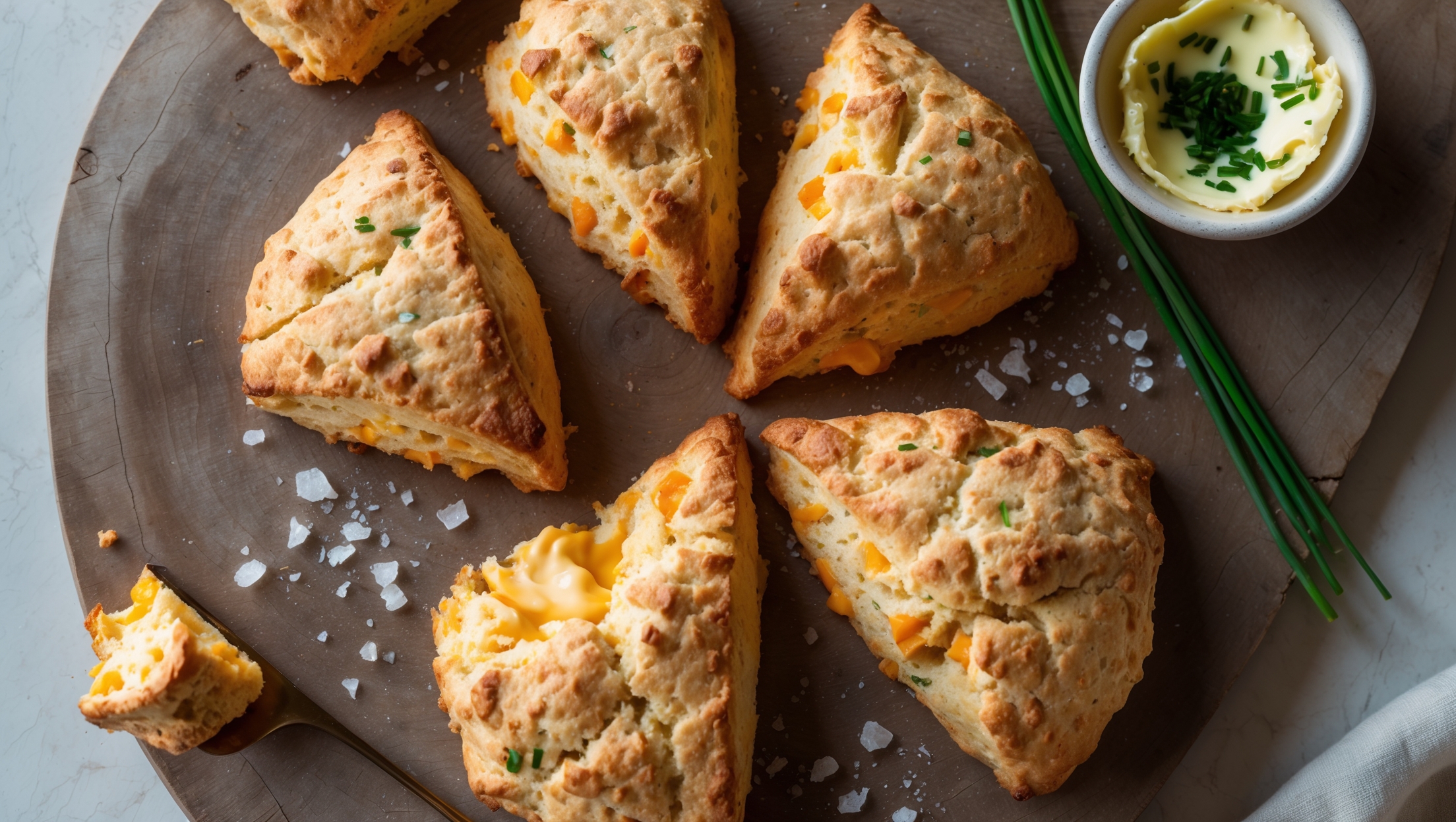 Overhead shot of golden-brown cheddar scones arranged on a rustic wooden board, with one broken open to reveal the flaky interior studded with melted cheese pockets. Shot in soft natural light that highlights the crisp exterior and irregular cheese-filled crevices. A small bowl of herbed butter and a sprig of fresh chives rest nearby, while scattered flakes of sea salt catch the light atop the scones. The warm amber tones of the baked scones contrast beautifully with the creamy white interior and vibrant green herbs, creating a homey yet sophisticated presentation.