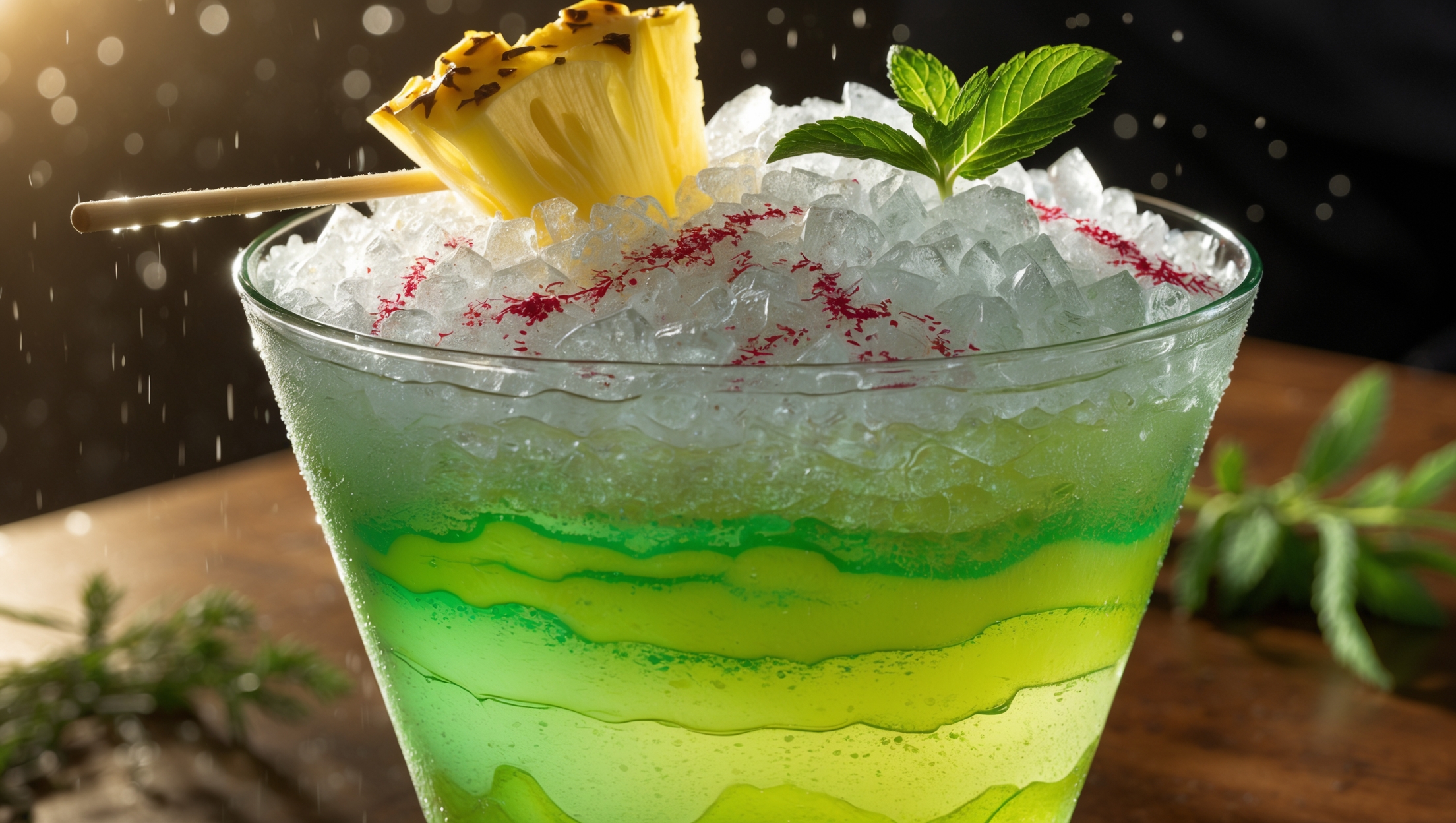 A tall, slender collins glass showcases the mesmerizing Chartreuse Swizzle, with layers of bright chartreuse green fading to pale yellow, topped with a mound of crushed ice dusted with aromatic bitters creating a speckled red pattern. Golden hour lighting catches the condensation beading on the glass, highlighting the verdant hues within. A fresh pineapple wedge and mint sprig garnish rest atop the crushed ice mountain, with a swizzle stick elegantly positioned in the drink. The glass sits on a wooden bar top with subtle herb sprigs in the background, suggesting the alpine botanicals found in the Chartreuse liqueur.
