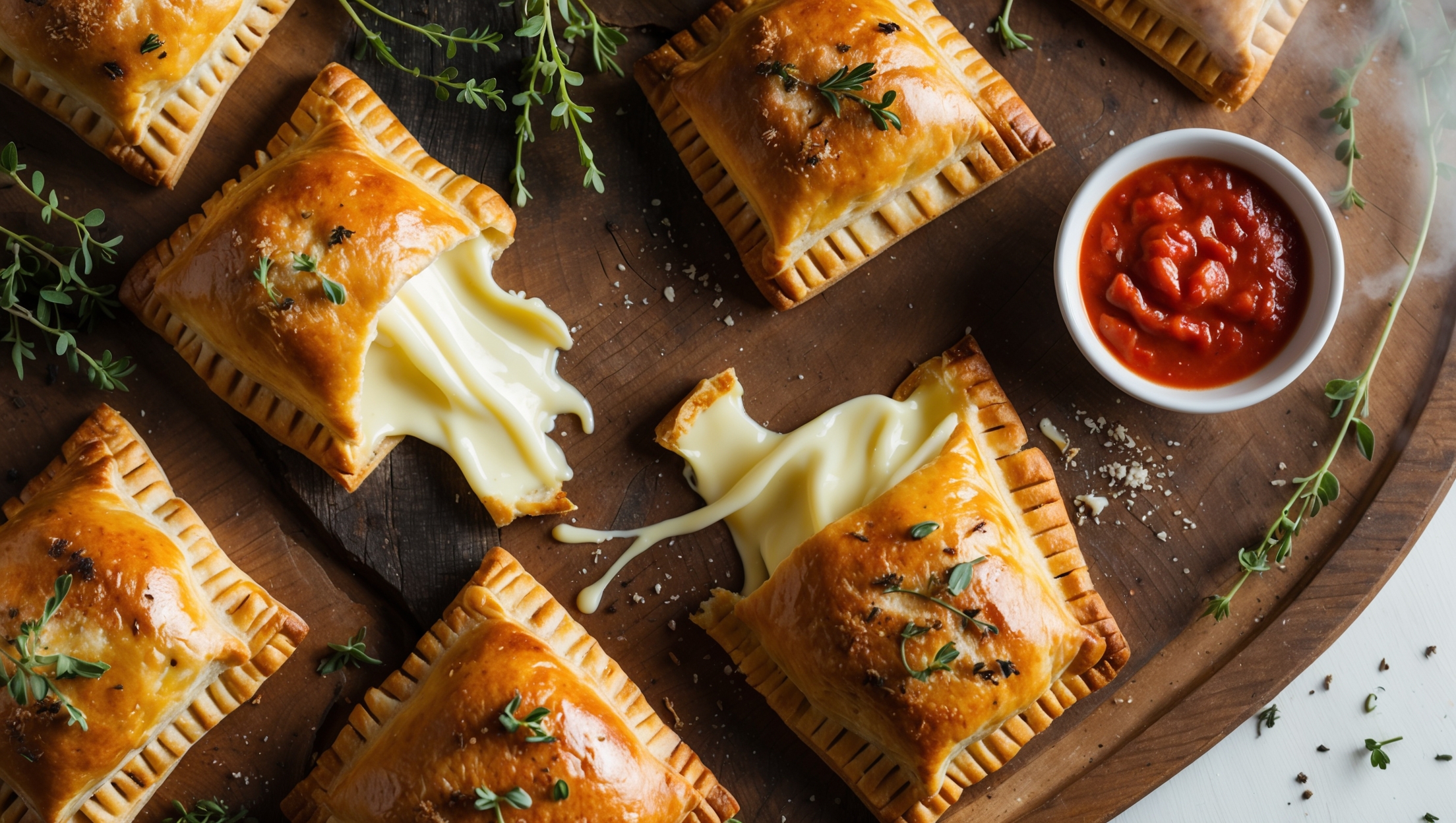 An overhead shot captures a rustic wooden board where several golden-brown cheese hand pies rest, some whole and one broken open to reveal the stretchy, molten cheese filling oozing out invitingly. Soft natural light streams across the scene, highlighting the flaky pastry layers and buttery sheen. A scattering of fresh thyme sprigs, cracked black pepper, and a small ramekin of marinara dipping sauce complete the arrangement. The contrast between the deep golden crust and creamy white cheese filling creates visual drama, while wisps of steam suggest they've just emerged from the oven.