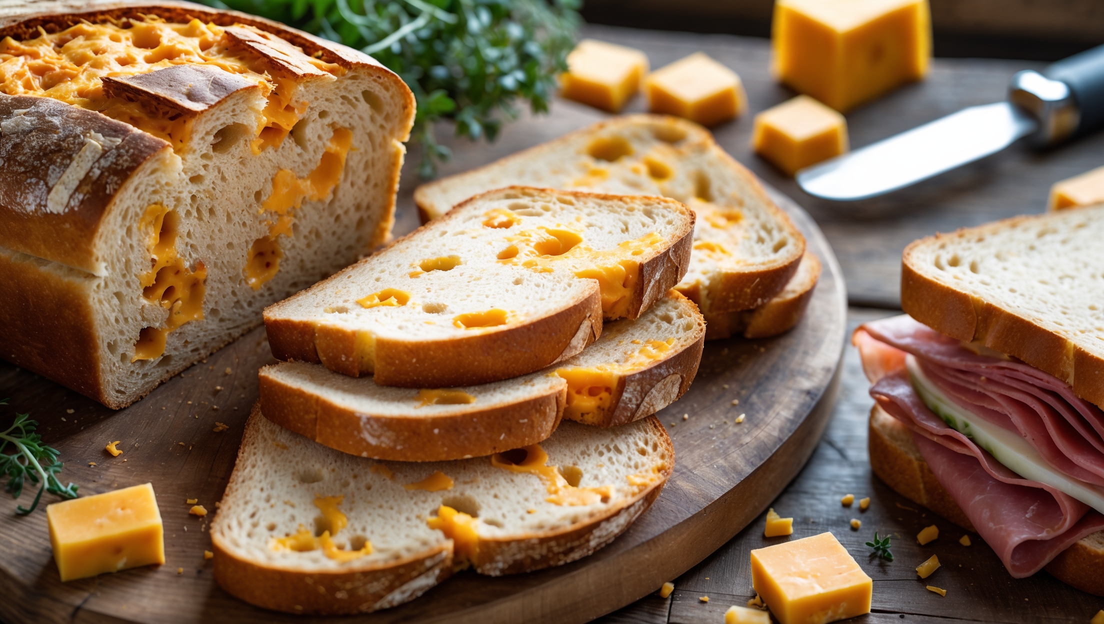 An overhead shot of a freshly sliced Cheddar Cheese Sandwich Bread loaf on a rustic wooden board, with several slices fanned out to showcase the tender crumb studded with pockets of melted cheddar. Natural window light highlights the golden-brown crust and the vibrant orange streaks of cheese throughout the bread. In the background, a cheese knife rests beside scattered cheddar chunks and sprigs of fresh herbs, while a sandwich made with the bread sits partially in frame, revealing layers of deli meat and fresh vegetables between two perfectly cut slices.