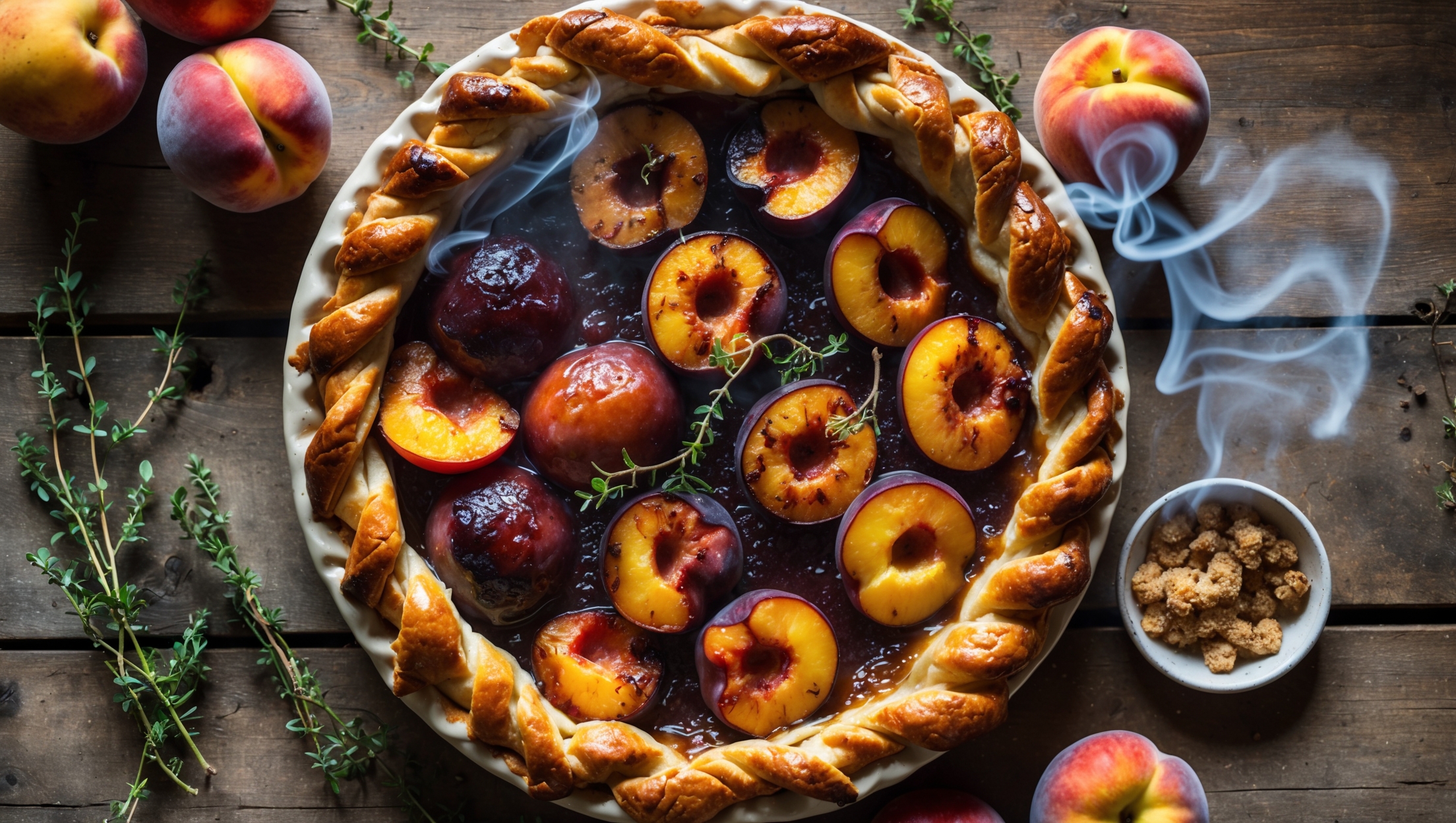 Overhead shot of a rustic ceramic pie dish holding a golden-brown lattice-topped pie with bubbling, deeply caramelized stone fruit juices seeping through the crust. A cross-section reveals layers of charred peaches and plums with glistening jammy filling. Shot in warm natural light on a weathered wooden table scattered with fresh stone fruits, sprigs of thyme, and a small dish of distinctive grey-brown smoked sugar. Wisps of smoke artfully curl around the pie, highlighting its fire-kissed character, while the surface glistens with a generous sprinkle of crystallized smoked sugar catching the light.