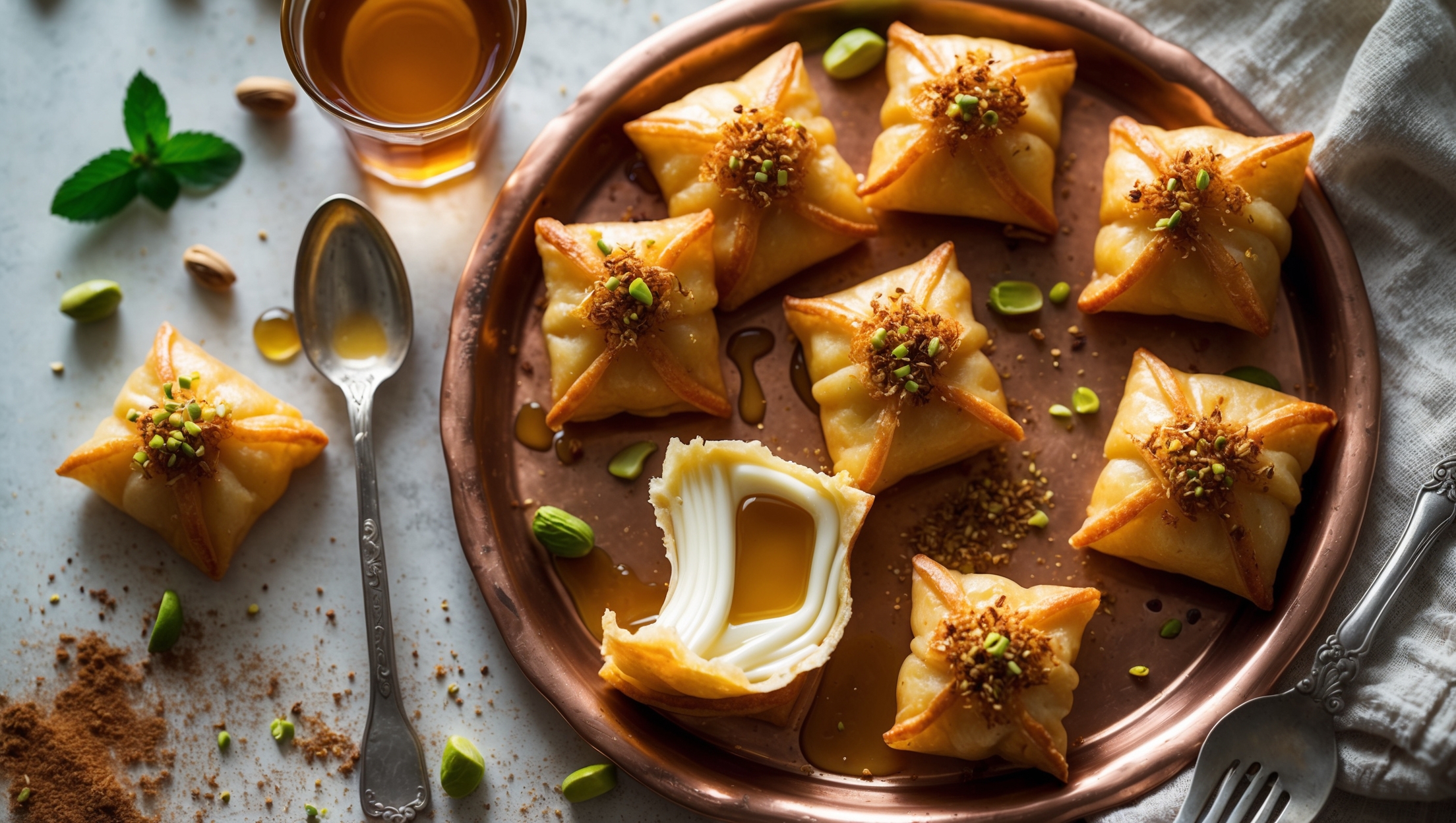 An overhead shot of golden-brown Cheese Kadaifi pieces arranged on a vintage copper platter, with one piece pulled slightly apart to reveal the stretchy cheese filling between the crispy strands. Soft natural light highlights the glistening honey syrup drizzled over the pastries, with small droplets pooling on the platter. Scattered pistachios add vibrant green accents against the amber-colored pastry, while a small glass of mint tea and a delicate silver serving fork rest alongside. A light dusting of ground cinnamon creates warm notes in this Mediterranean scene set against a textured linen cloth.
