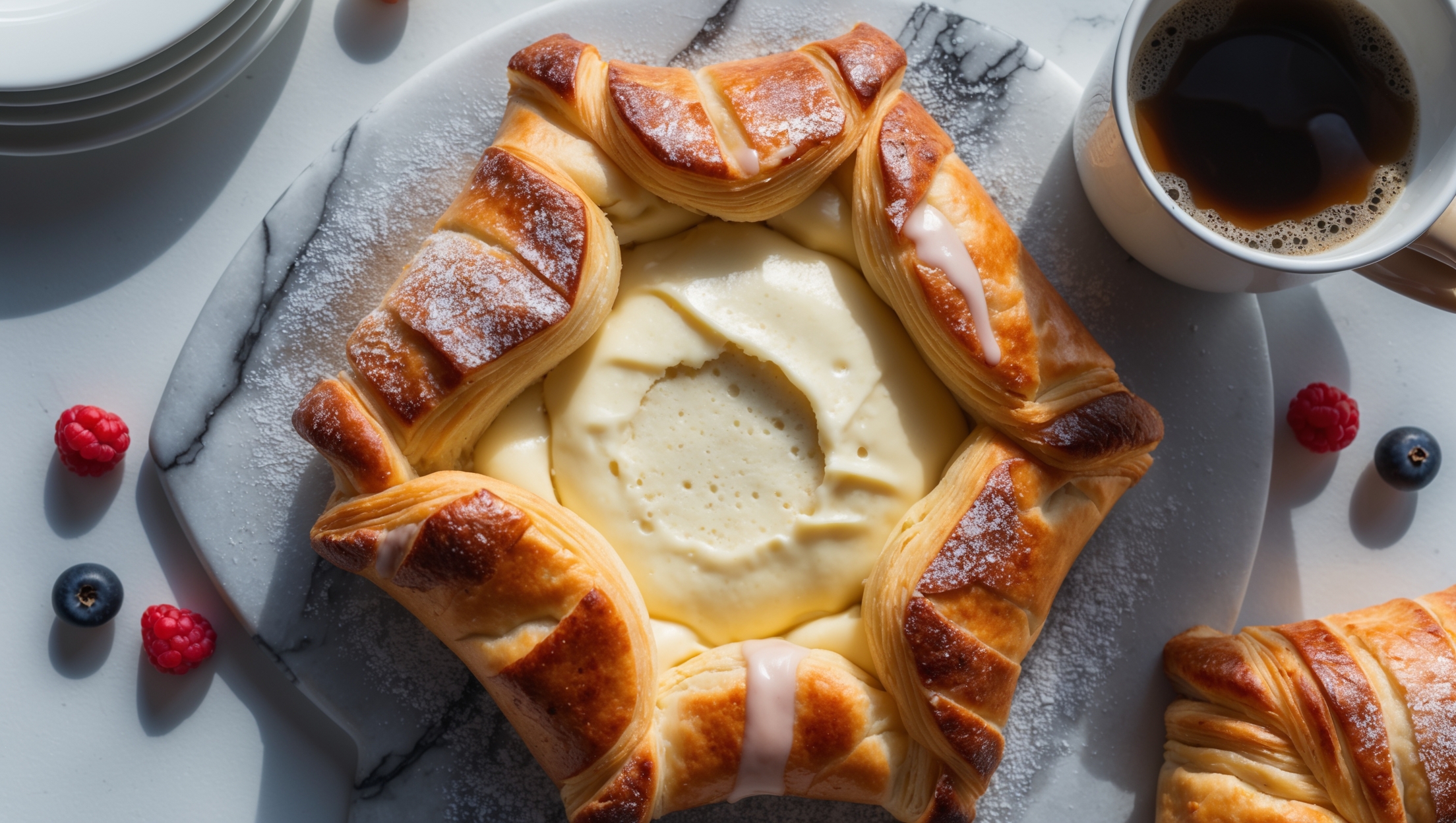 An overhead shot captures a golden-brown cheese danish with its corners folded elegantly around a creamy center, where the pale yellow cream cheese filling has puffed slightly during baking with tiny cracks revealing its velvety texture. In soft natural light, the pastry's countless layers are visible at the edges, with a delicate sugar glaze applied in thin drizzles that catch the light. The danish sits on a marble pastry board alongside a steaming cup of coffee, scattered fresh berries, and a dusting of powdered sugar that highlights the flaky texture. Close-up details reveal the distinctive laminated layers and the creamy center's specks of vanilla bean.