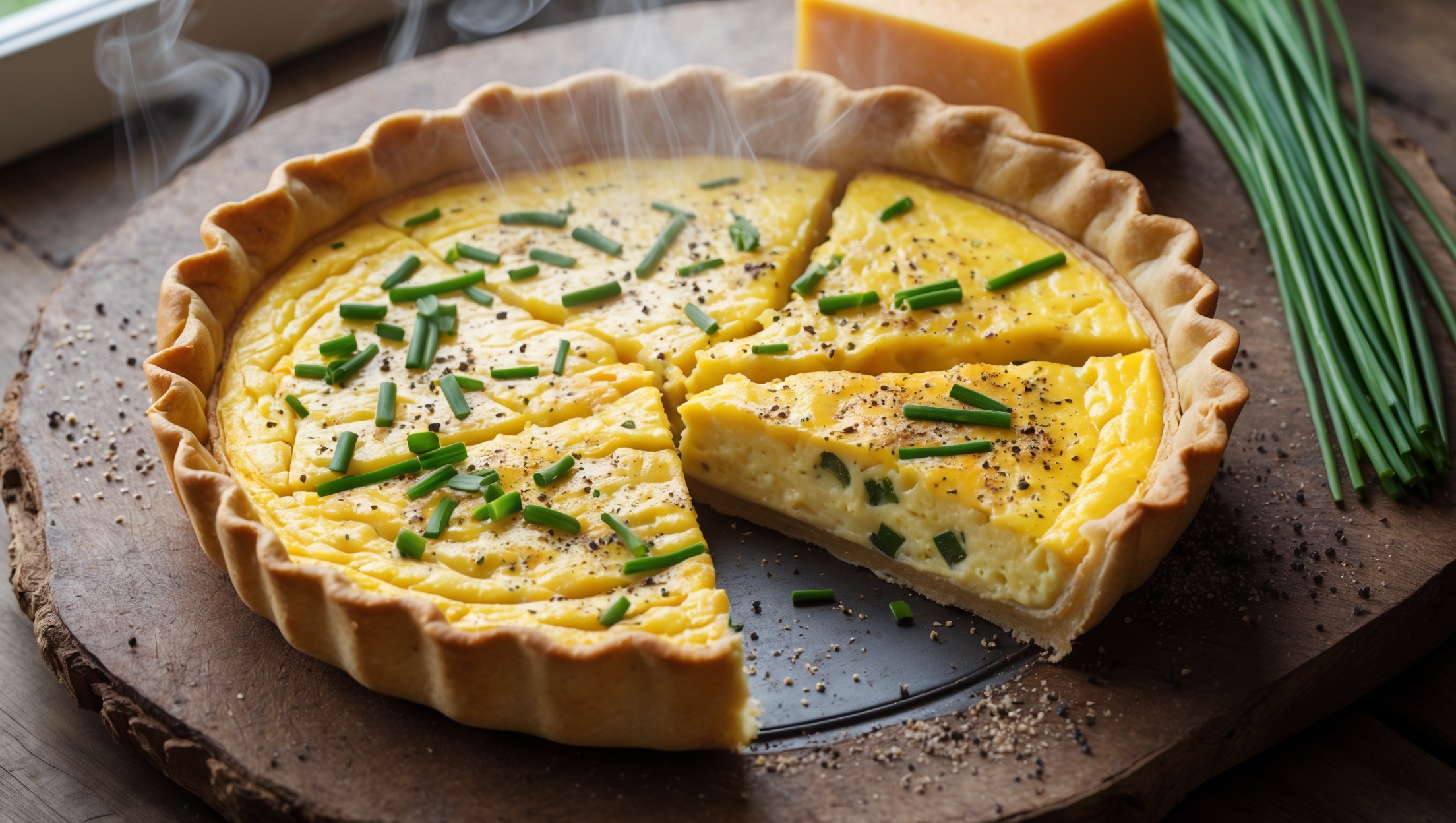 An overhead shot of a just-sliced quiche revealing its perfect golden-brown crust and sunny yellow interior studded with bright green chives. The slice being removed shows the custard's perfect set - firm yet creamy, with melted pockets of sharp cheddar throughout. Steam gently rises from the warm filling against soft natural light streaming through a kitchen window. The quiche sits on a rustic wooden board, with a small bunch of fresh chives and a wedge of aged cheddar artfully arranged nearby. A sprinkling of black pepper across the top adds textural contrast to the smooth filling, while the flaky layers of the pastry edges provide visual interest around the perimeter.