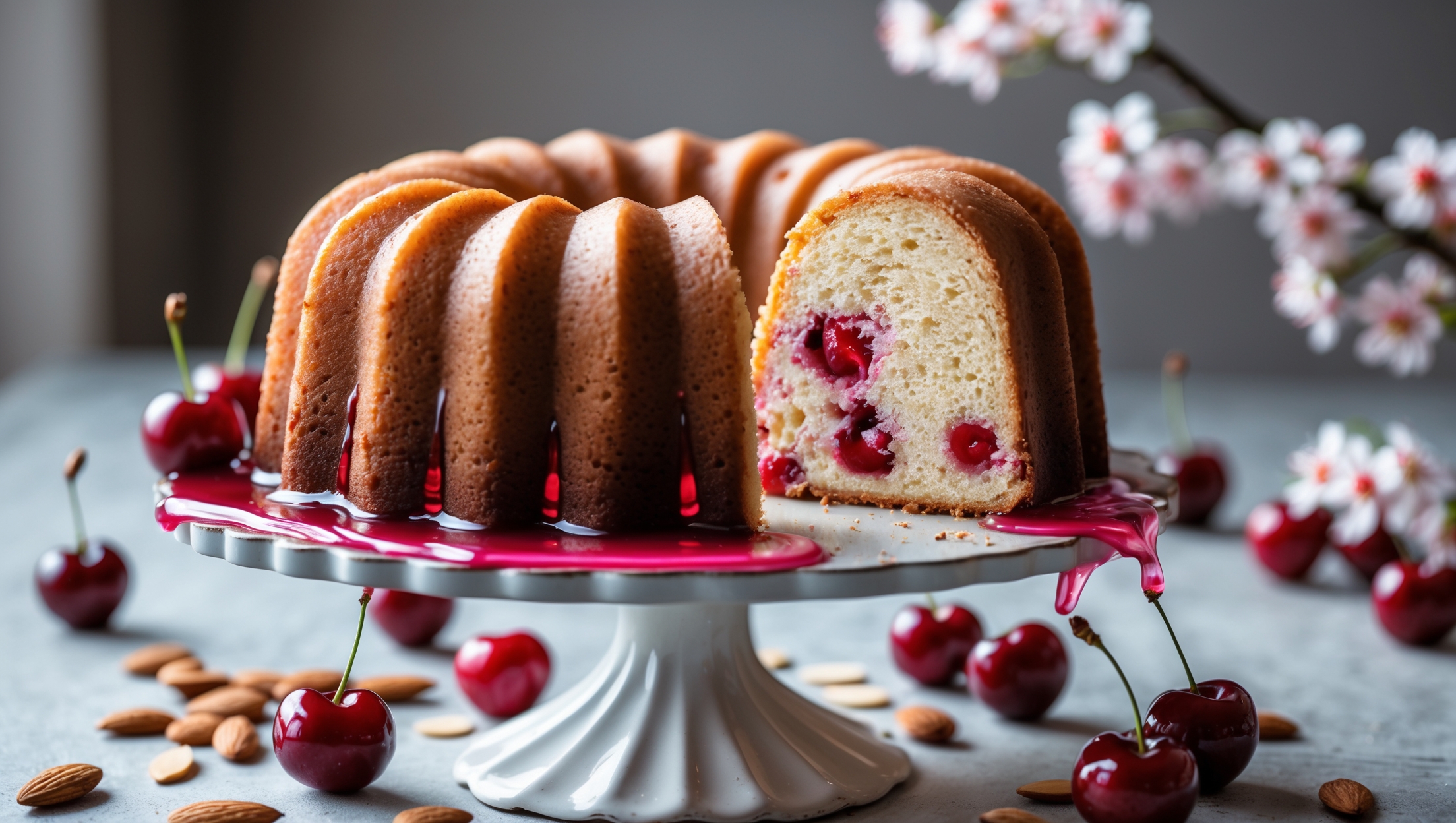An elegant Cherry Almond Bundt Cake captured in soft natural light, showcasing its perfect golden-brown exterior with distinctive fluted ridges. A close-up reveals the moist, tender crumb studded with vibrant red cherries throughout. The cake sits on a vintage white pedestal stand, with the translucent pink cherry-almond glaze cascading down its sides, pooling delicately around the base. Scattered fresh cherries and slivered almonds artfully arranged around the cake add texture and context, while a slice being removed shows the perfect distribution of cherries within the pale almond-hued interior. A small bouquet of cherry blossoms in a soft-focus background complements the spring-like appeal of this sophisticated dessert.