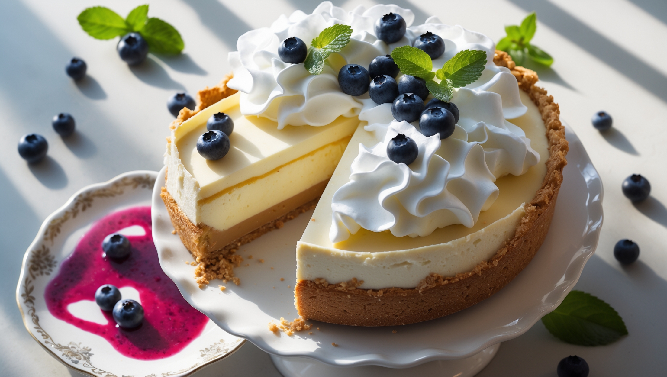 An overhead shot of a perfectly sliced Cheesecake Cream Pie revealing its distinct layers - a golden graham cracker crust supporting a velvety cheesecake layer crowned with billowy whipped cream. Soft natural light highlights the contrasting textures while casting gentle shadows that emphasize the pie's height. The dessert rests on a white ceramic cake stand with delicate blueberries and mint leaves scattered artfully around the edges. A single slice sits on a vintage dessert plate nearby, exposing the pie's clean-cut layers and slightly crumbly crust, while a drizzle of berry coulis adds a vibrant color accent across the creamy surface.