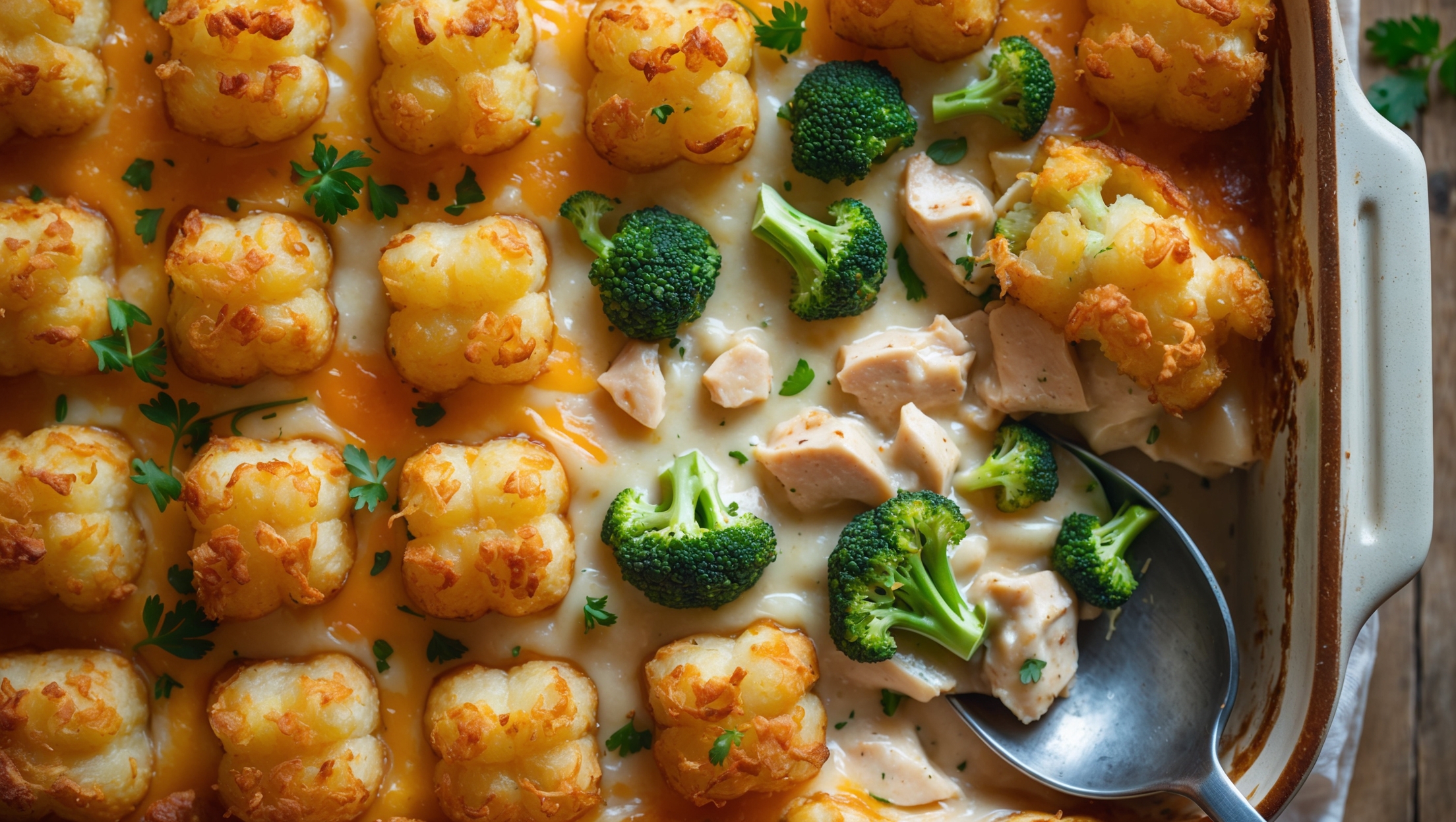 An overhead shot of the golden-brown tater tot bake fresh from the oven, capturing the perfectly crisp potato crowns arranged in neat rows atop a bubbling layer of melted cheese. A corner portion has been removed, revealing the steaming interior with tender chunks of chicken and vibrant green broccoli pieces bound together by a creamy sauce. Soft natural light highlights the textural contrast between the crunchy exterior and the moist, cheese-pulled interior. The casserole sits in a rustic ceramic baking dish on a wooden table, garnished with fresh parsley, with a serving spoon resting nearby ready to scoop up a generous portion.