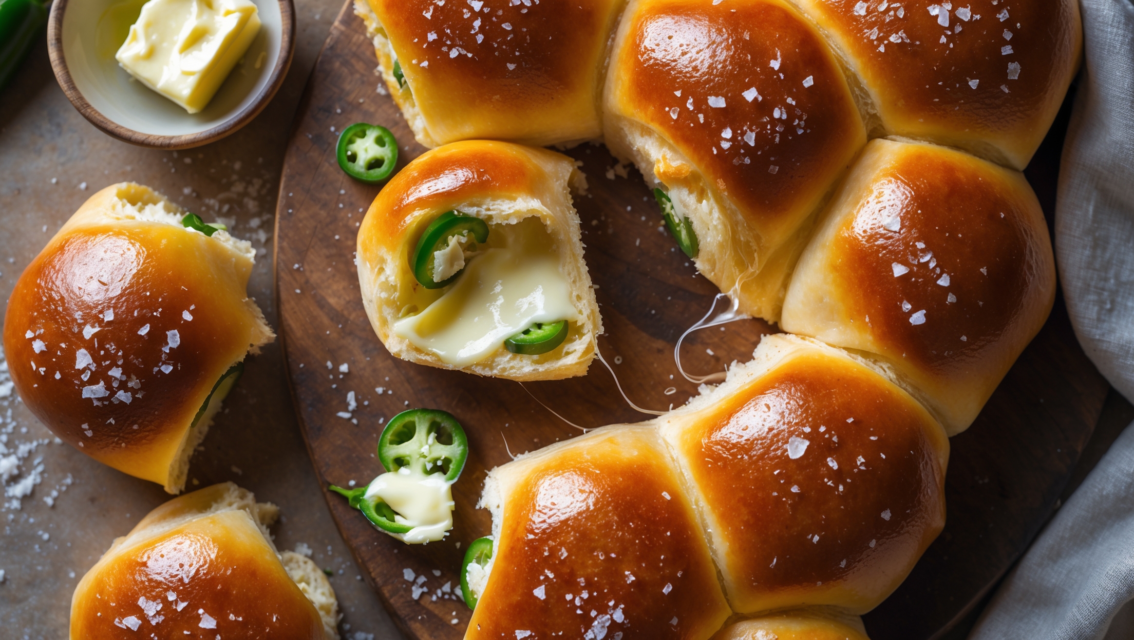 Overhead shot of golden-brown Cheese and Jalapeño Rolls arranged on a rustic wooden board, with one roll pulled apart to reveal stretchy cheese and specks of bright green jalapeño inside. Shot in warm natural light that accentuates the glossy, butter-brushed tops scattered with a light dusting of sea salt crystals. A small bowl of softened butter rests nearby alongside a linen napkin, with a few fresh jalapeños strategically placed to add vibrant color contrast. Steam visibly rises from the freshly-baked rolls, hinting at their warm, aromatic interior.