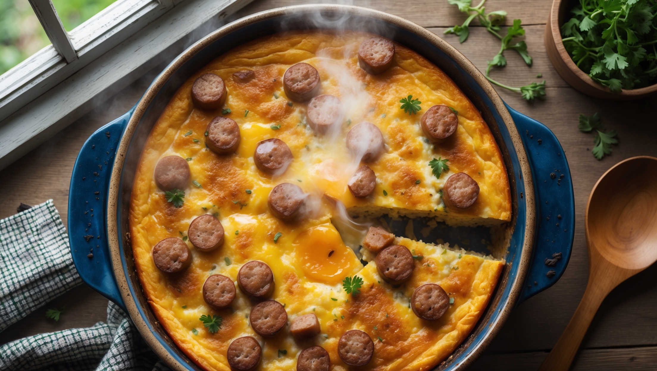 Overhead shot of a golden-brown Amish breakfast casserole in a rustic ceramic baking dish, steam gently rising from the just-cut corner piece revealing layers of fluffy eggs, melted cheese, and savory sausage. The casserole's surface showcases a beautiful mottled pattern of caramelized cheese with specks of green herbs for contrast. Captured in soft morning light streaming through a farmhouse window, the scene includes a checkered cloth napkin, scattered fresh herbs, and a wooden serving spoon waiting nearby. The warm amber tones of the casserole contrast beautifully with the deep blue ceramic dish, emphasizing the homey, comforting nature of this traditional breakfast.