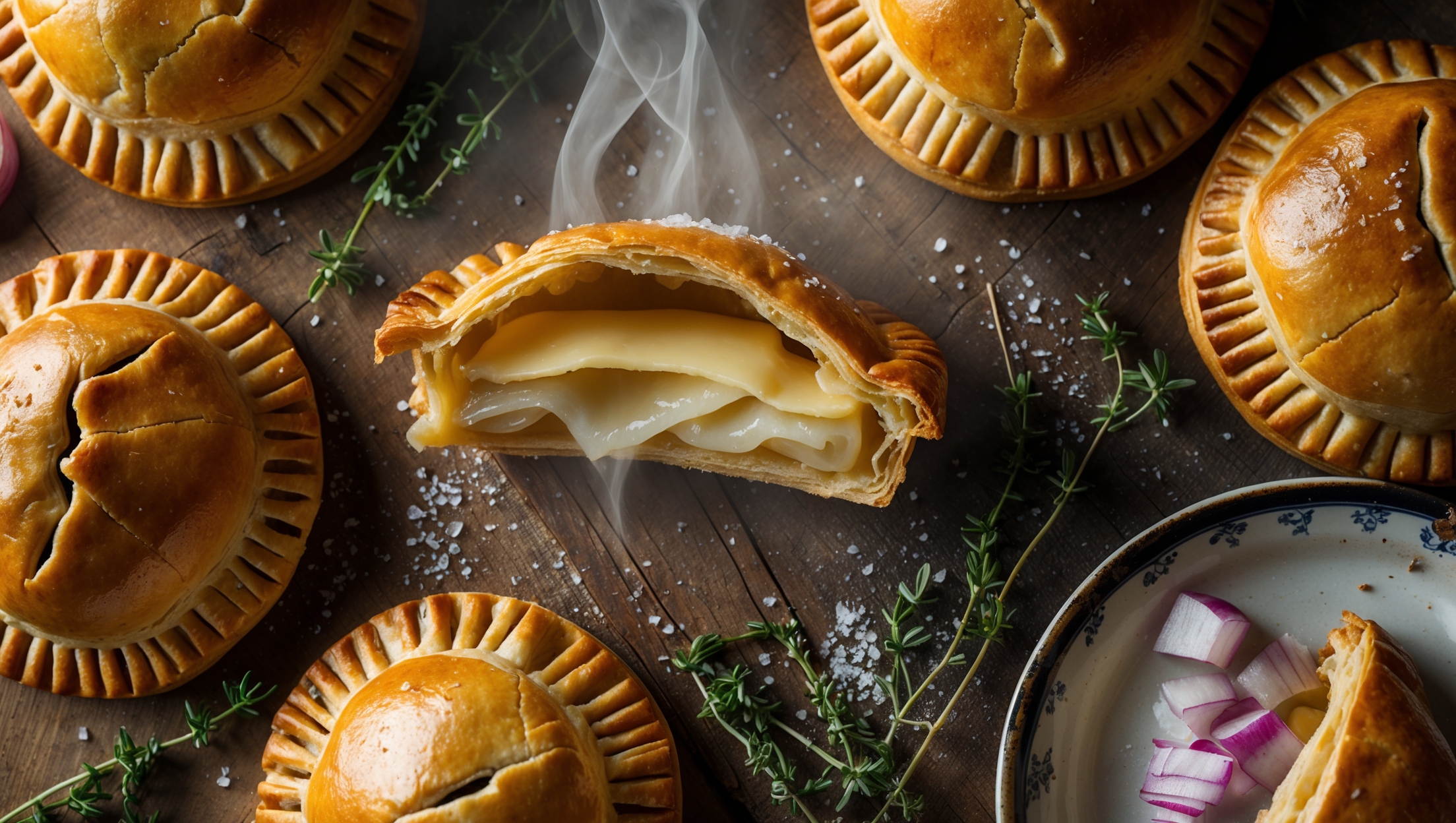 An overhead shot captures several golden-brown pasties arranged on a rustic wooden board, with one cut open to reveal the molten cheese and tender onion filling. Steam gently rises from the exposed cross-section, highlighting the distinct layers of flaky pastry. Soft natural light emphasizes the butter-rich golden hue of the crimped edges contrasting with the rustic cracked surface dusted with a light sprinkling of sea salt. A scattering of fresh thyme sprigs and raw diced onions surrounds the composition, while a vintage enamel plate holds an individual pasty ready for serving.