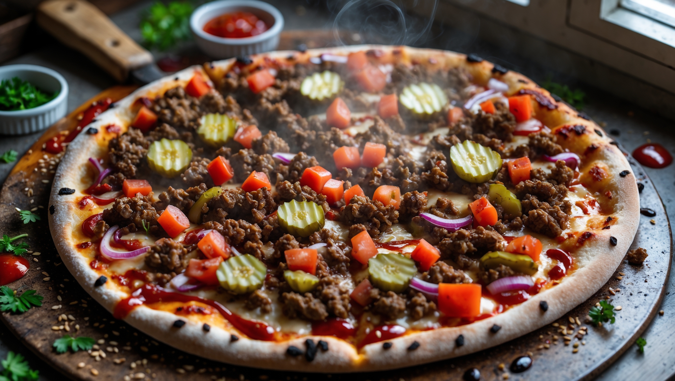 An overhead shot of a round Cheeseburger Pizza with a golden-brown crust, showcasing its vibrant toppings. The pizza features caramelized ground beef crumbles, melted cheese that stretches when pulled, and bright pops of color from diced tomatoes, red onions, and pickles. Drizzles of special sauce create artistic patterns across the surface, while sesame seeds adorn the crust edge. The pizza is photographed in natural window light on a rustic wooden pizza peel, with small ramekins of extra sauce and scattered fresh herbs adding depth to the composition. Steam gently rises from the hot surface, highlighting the pizza's fresh-from-the-oven appeal.