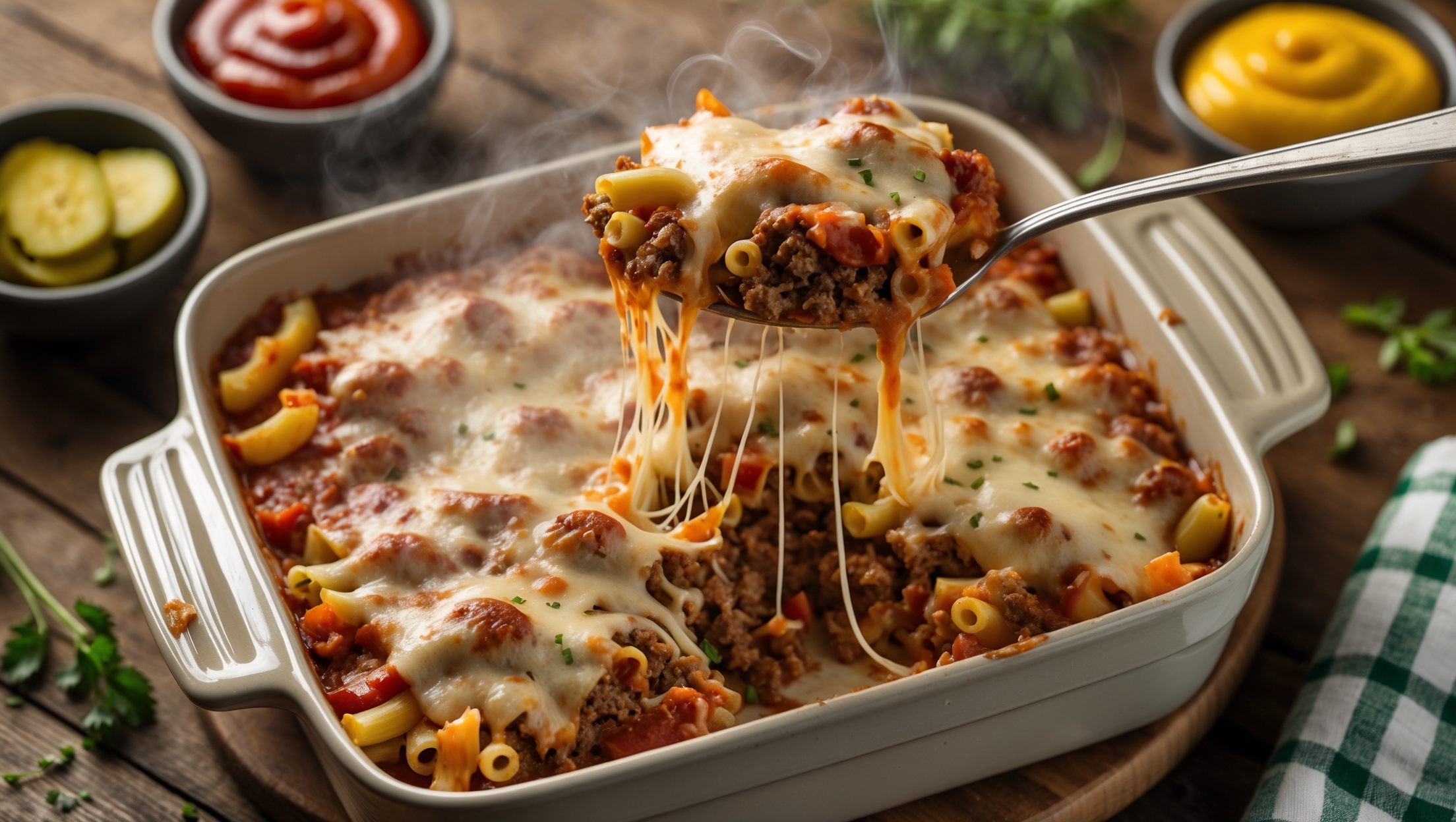 An overhead shot of a rectangular ceramic baking dish with the golden-topped Cheeseburger Casserole, steam gently rising from its surface. The casserole reveals layers of pasta, ground beef, and vegetables bound with a rich tomato sauce, topped with a melted blanket of cheddar and mozzarella cheese that's slightly browned at the edges. A spoonful has been lifted, showing the strings of cheese stretching upward. Served in the background are small bowls of typical burger condiments—ketchup, mustard, and dill pickle slices. The dish is photographed in warm kitchen lighting on a rustic wooden table with scattered fresh herbs and a checkered napkin adding color contrast to the scene.