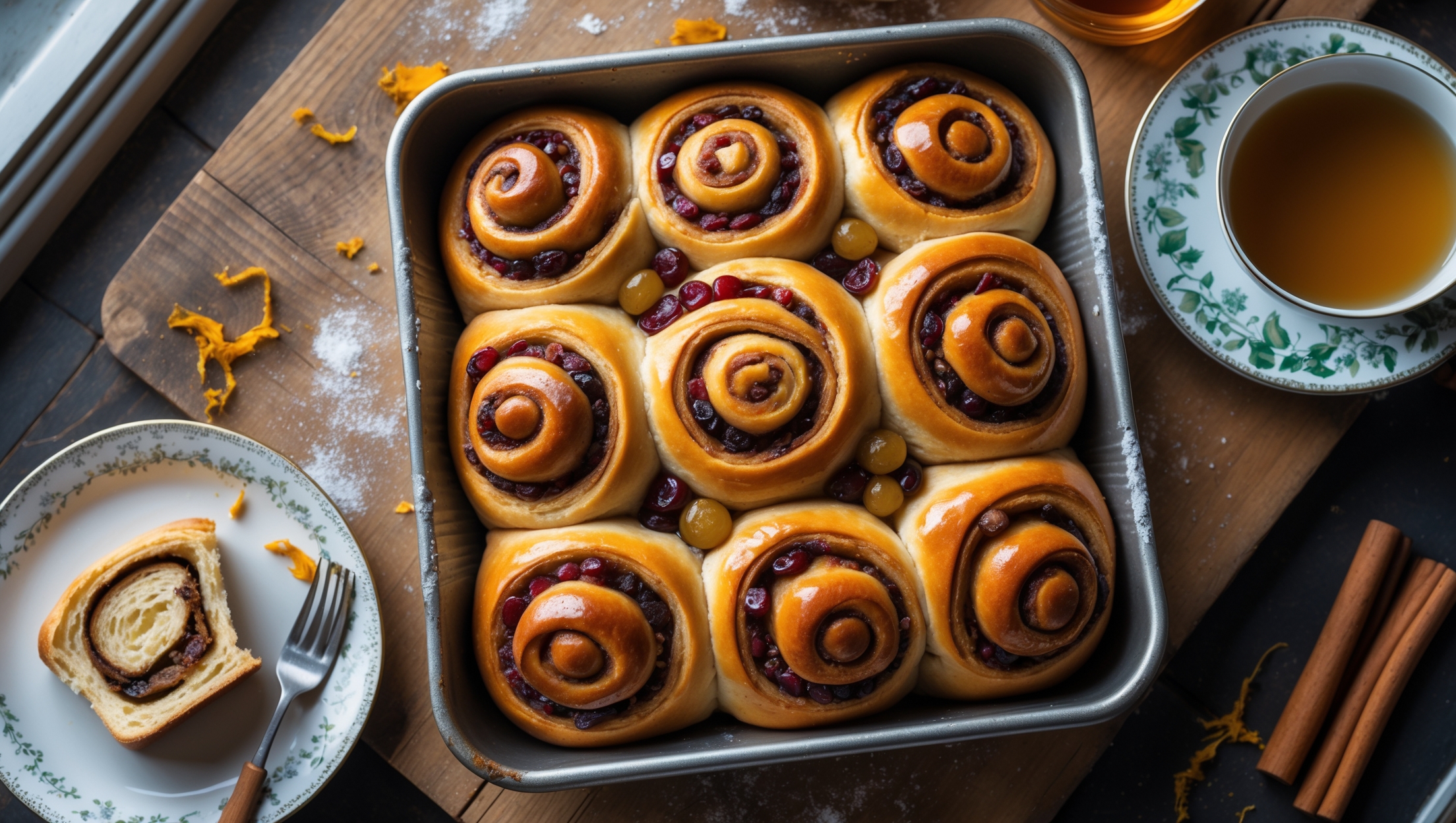 An overhead shot of a square baking tin filled with golden-brown Chelsea buns, their spiral patterns clearly visible and glistening under a glossy honey glaze. The natural window light highlights the plump sultanas and currants nestled in the swirls of cinnamon-speckled dough. A cross-section view shows the soft, pillowy texture with defined layers and melted butter pockets. On a vintage cake stand next to the tin, one bun sits on a small plate with a fork beside it, accompanied by a steaming cup of tea. Scattered cinnamon sticks, orange zest, and a small pot of honey create context around the rustic wooden board where everything is displayed.