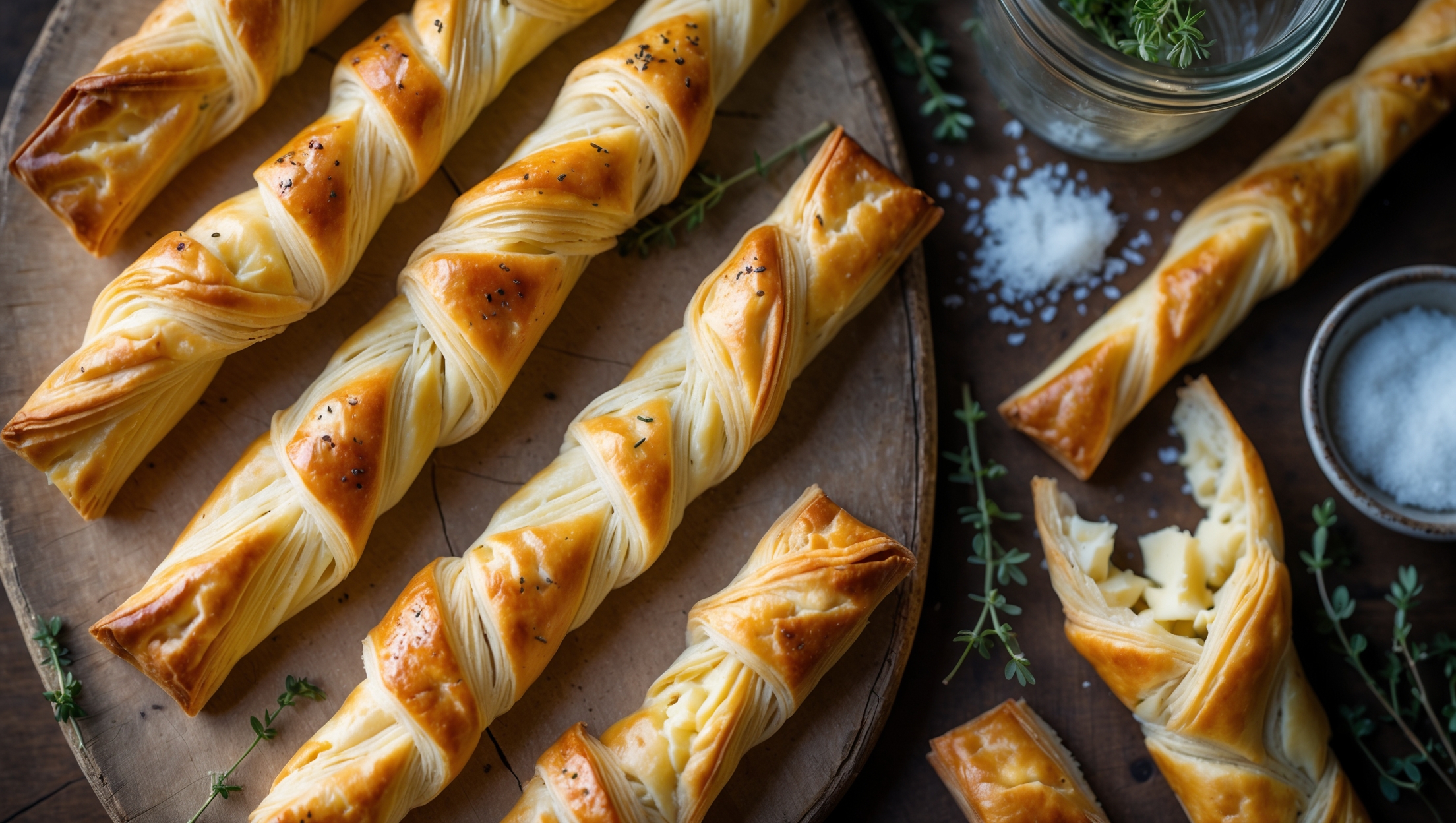 An overhead shot of golden-brown cheese straws arranged in a criss-cross pattern on a rustic wooden board, with a few standing upright in a vintage glass jar. The straws catch the soft afternoon light, highlighting their flaky layers and specks of black pepper. A small bowl of sea salt sits nearby, alongside a scattered handful of grated cheese and fresh thyme sprigs. A cross-section view reveals the delicate, airy pockets within the pastry and the rich marbling of melted cheese, while the textural contrast between the crisp exterior and tender interior is evident in the broken pieces.