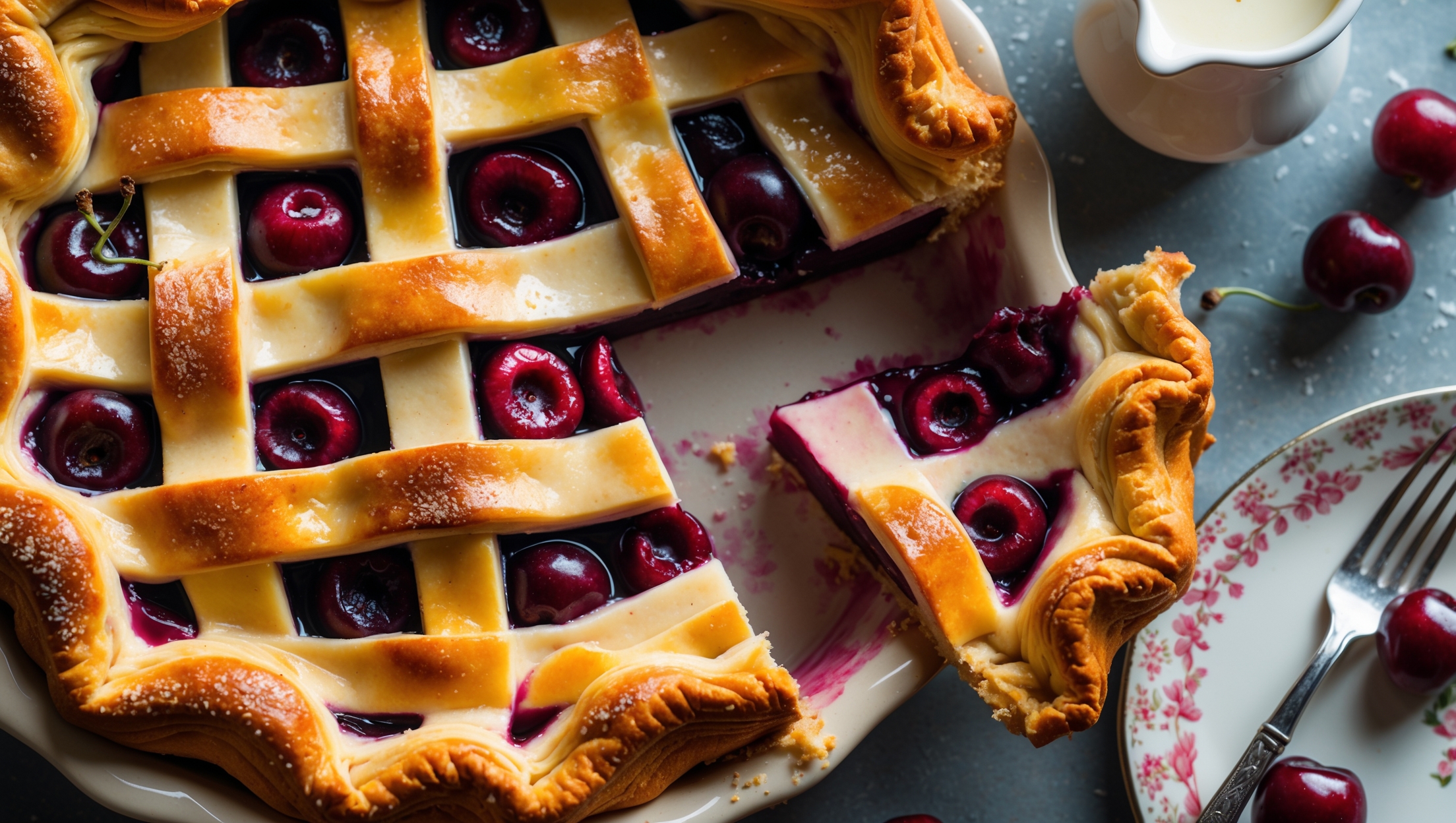 An overhead shot of a golden-brown Cherry Custard Pie with a lattice top, revealing glimpses of creamy vanilla custard and ruby-red cherries beneath. Soft natural light streams across the flaky pastry, highlighting its perfectly crimped edges and sugar-sprinkled surface that glistens invitingly. A slice has been removed, showing the distinct layers of buttery crust, velvety custard, and juicy cherries that create a beautiful color contrast. The pie rests on a vintage ceramic stand, with a scattering of fresh cherries and a small pitcher of cream positioned nearby. A fork rests on the serving plate beside the removed slice, showing the clean cut through the layers and the luscious custard texture.