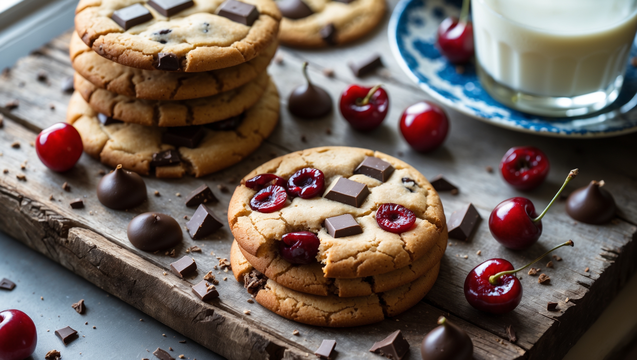 An overhead shot showcases a rustic wooden board with a stack of golden-brown Cherry Chocolate Chip Cookies, some whole and some broken to reveal melted chocolate chunks and vibrant red dried cherries. Natural window light highlights the slightly crackled surface and golden edges of the cookies, while scattered chocolate pieces and cherry fragments surround the arrangement. A vintage blue ceramic plate holds additional cookies in soft focus, with a glass of milk partially visible at the edge of the frame. The contrast between the dark chocolate, bright red cherries, and golden cookie dough creates rich visual texture that emphasizes the homemade quality and irresistible combination of flavors.