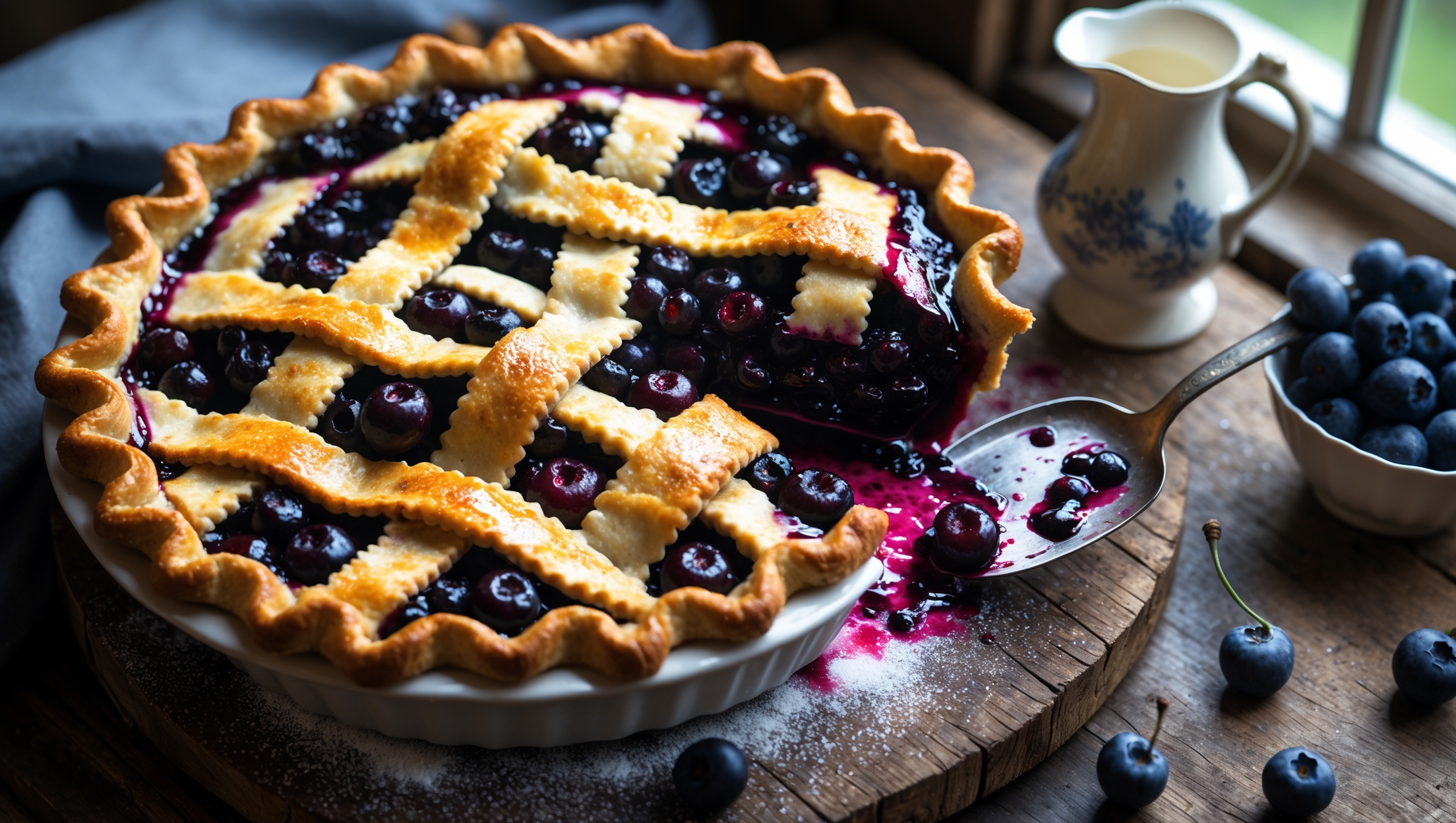 An overhead shot of a rustic Cherry Blueberry Pie with a golden lattice top, where vibrant crimson cherry juice mingles with deep indigo blueberry syrup, bubbling through the woven pastry strips. The pie sits on a weathered wooden board, dusted with a light sprinkle of sugar that catches the soft natural light streaming through a nearby window. A small silver server removes a slice, revealing the perfectly set filling with whole berries suspended in a glossy matrix. In the background, a vintage ceramic pitcher of cream and a small bowl of fresh berries complement the scene, while a few scattered blueberries and cherries around the base add casual authenticity to this seasonal dessert.