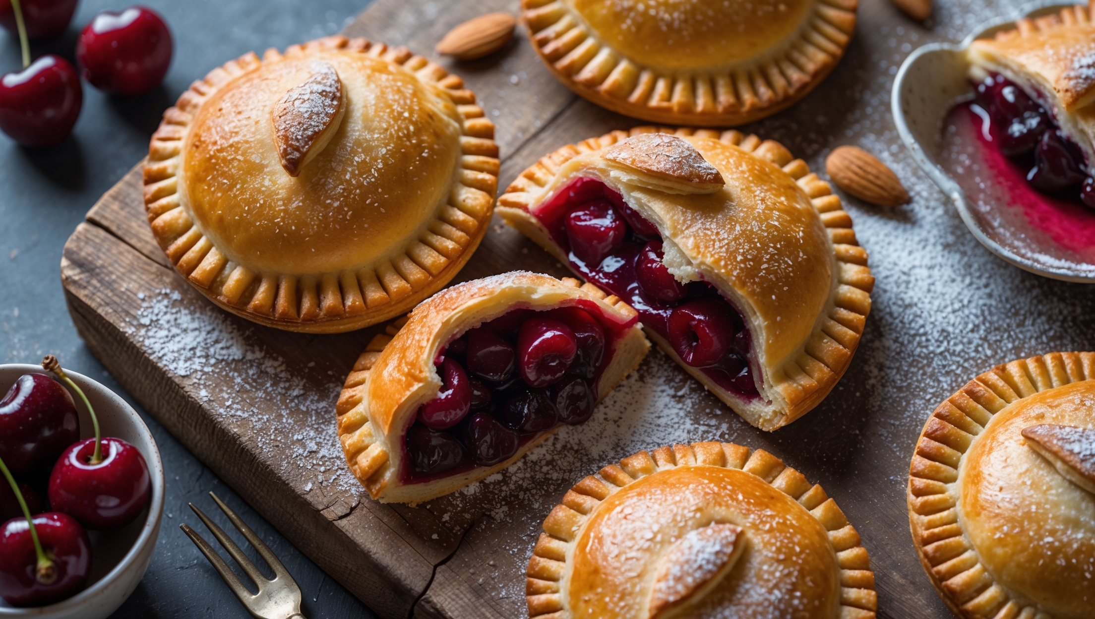 An overhead shot of golden-brown Cherry Almond Hand Pies arranged on a rustic wooden board, with a few broken open to reveal the ruby-red cherry filling marbled with creamy almond frangipane. Soft natural light highlights the glistening sugar crystals sprinkled on top, while the flaky pastry layers are clearly visible at the edges. In the background, a small bowl of fresh cherries and scattered almond slivers add context, with a dusting of powdered sugar creating visual contrast against the deep crimson filling that's just slightly oozing from one pie. A vintage cake fork rests beside the arrangement, suggesting the perfect teatime treat.