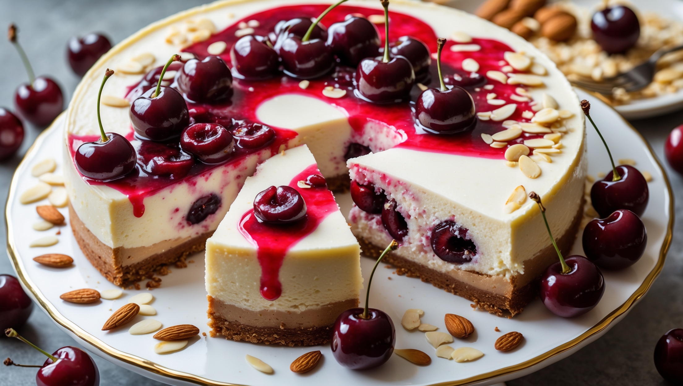 An overhead shot of a perfectly sliced Cherry Almond Cheesecake on a white ceramic cake stand, revealing its creamy texture and vibrant cherry swirls. Soft natural light highlights the glossy cherry topping cascading down the sides, while slivered almonds create textural contrast against the smooth surface. The cross-section exposes layers of buttery biscuit base, creamy almond-infused filling studded with whole cherries, and the jewel-toned cherry compote topping. A scattering of fresh cherries and crushed almonds surrounds the base of the stand, with a single perfect slice placed on a gold-rimmed dessert plate, ready to be savored.