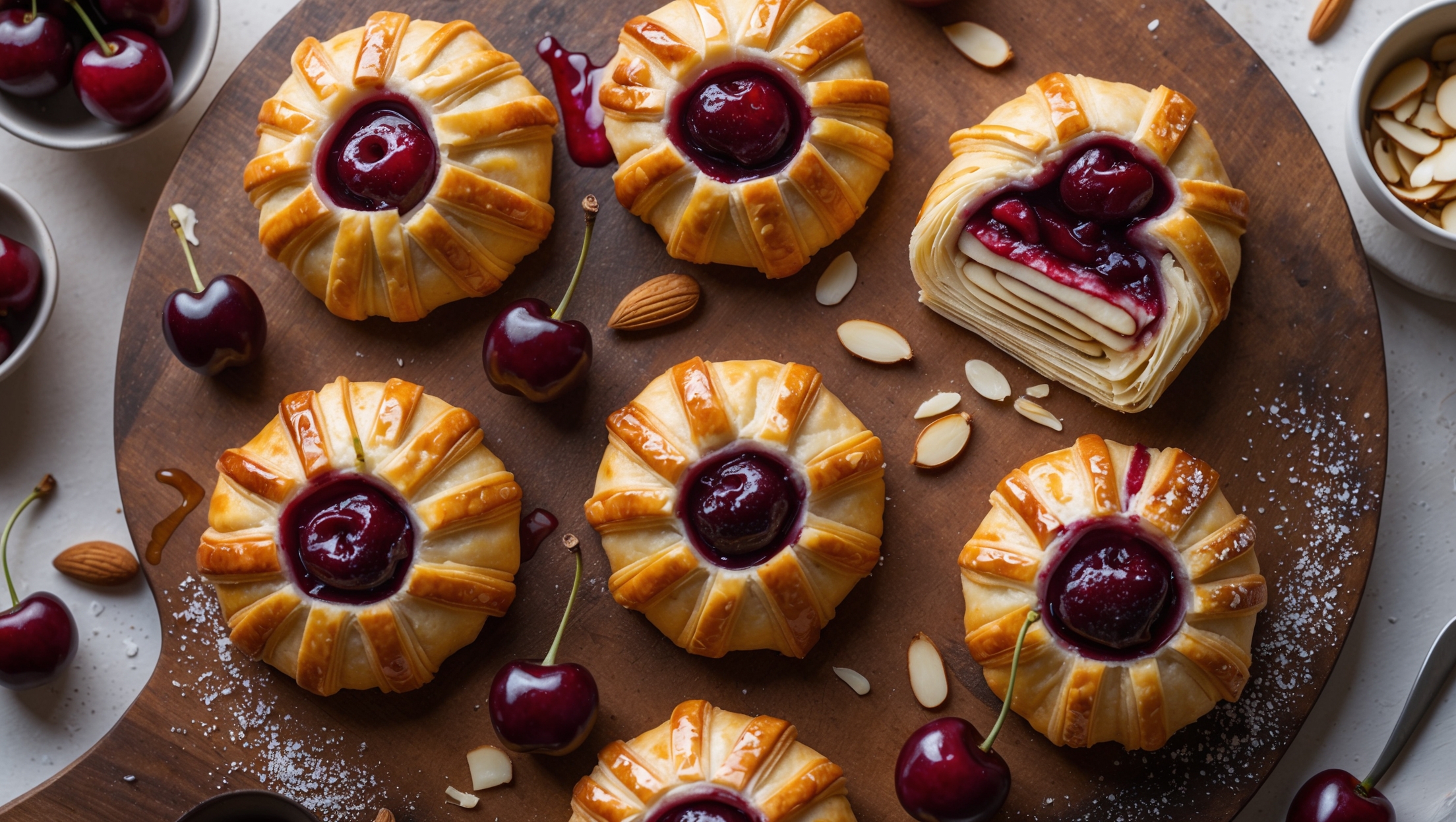 An overhead shot captures a rustic wooden board displaying six golden-brown Cherry Almond Pastries arranged in a casual pattern. Soft natural light highlights their flaky, shiny layers and the rich ruby-red cherry filling peeking through the centers. A cross-section view reveals the delicate layers of pastry, luscious cherry compote, and creamy almond frangipane. Several pastries show a glossy almond glaze drizzled artfully across their surfaces, with scattered toasted almond slivers adding texture and visual interest. In the background, a small bowl of fresh cherries and a sprinkle of powdered sugar create context, while the warm color palette of amber, burgundy and cream emphasizes the homemade charm of these elegant pastries.