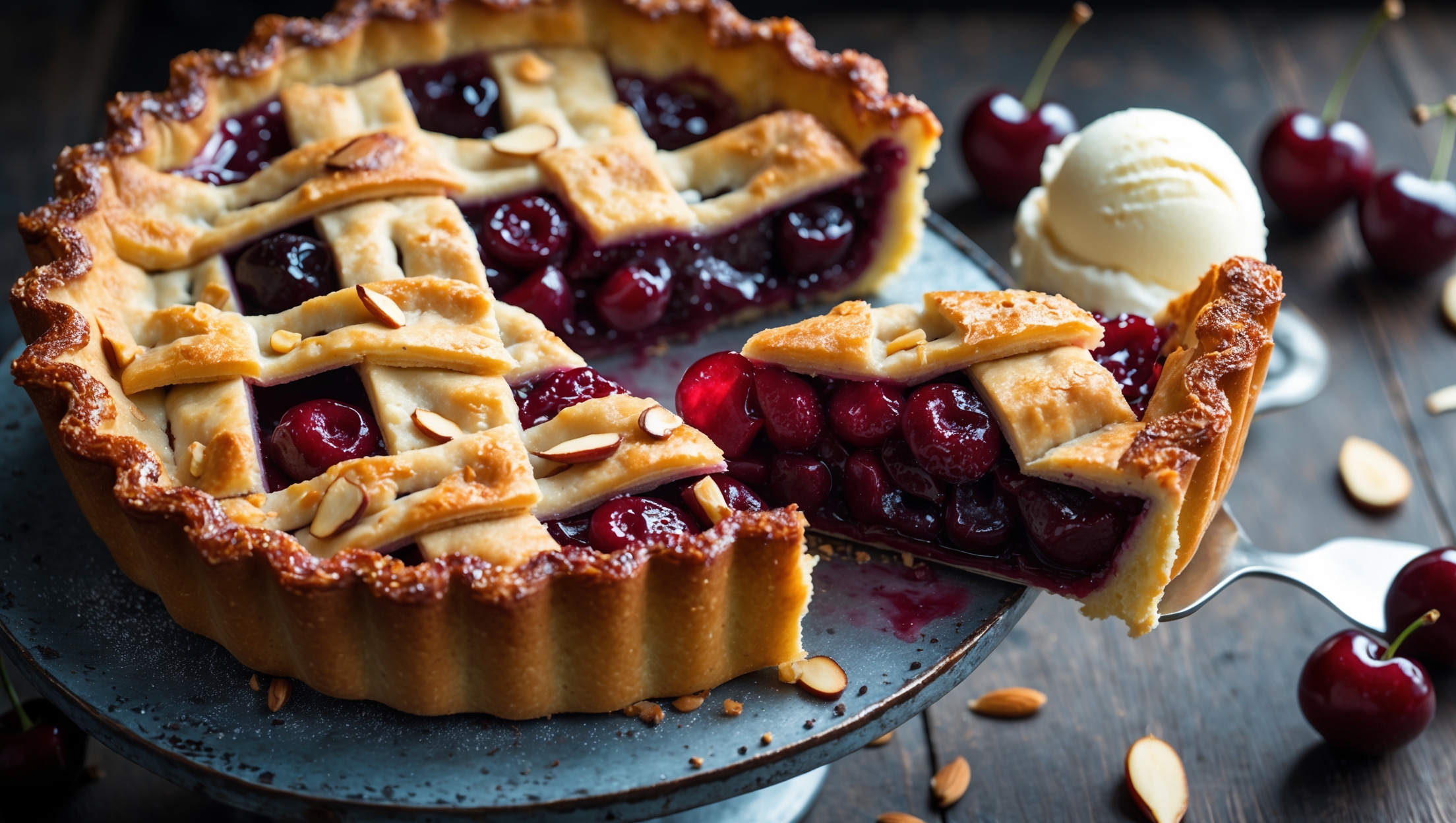 An overhead shot captures this golden-brown Cherry Almond Pie on a weathered wooden cake stand, where a slice has been removed to reveal the ruby-red cherry filling studded with sliced almonds. The flaky crust has decorative lattice work dusted with coarse sugar crystals that sparkle in soft natural window light. Cherry juice bubbles at the edges where it has caramelized during baking, creating a glossy, inviting rim. In the background, scattered fresh cherries and almond slivers create context, while a scoop of melting vanilla ice cream sits alongside the removed slice, creating a beautiful temperature contrast. The deep crimson filling provides striking color against the golden pastry, with visible almond flakes adding texture and visual interest.