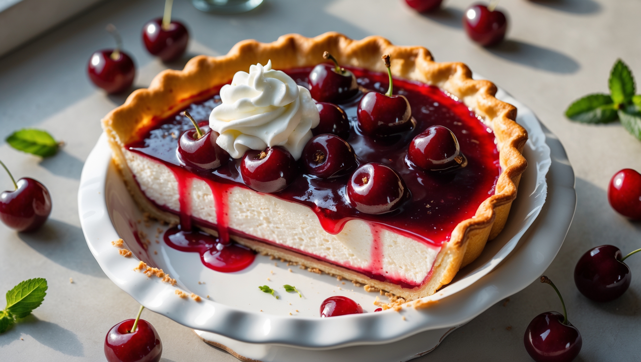 An overhead shot of a perfectly sliced Cherry Cream Pie revealing its distinct layers – a golden brown, flaky pastry crust, a creamy vanilla-white filling, and a vibrant ruby-red cherry topping. The pie sits on a vintage white ceramic stand, with soft natural light highlighting the glossy cherry sauce as it gently cascades down the sides of the slice. A dollop of freshly whipped cream melts slightly at the edge, while scattered fresh cherries and mint leaves create visual contrast around the base. The cross-section clearly shows the three beautiful layers, with the afternoon light catching the individual cherry pieces embedded in the translucent sauce.