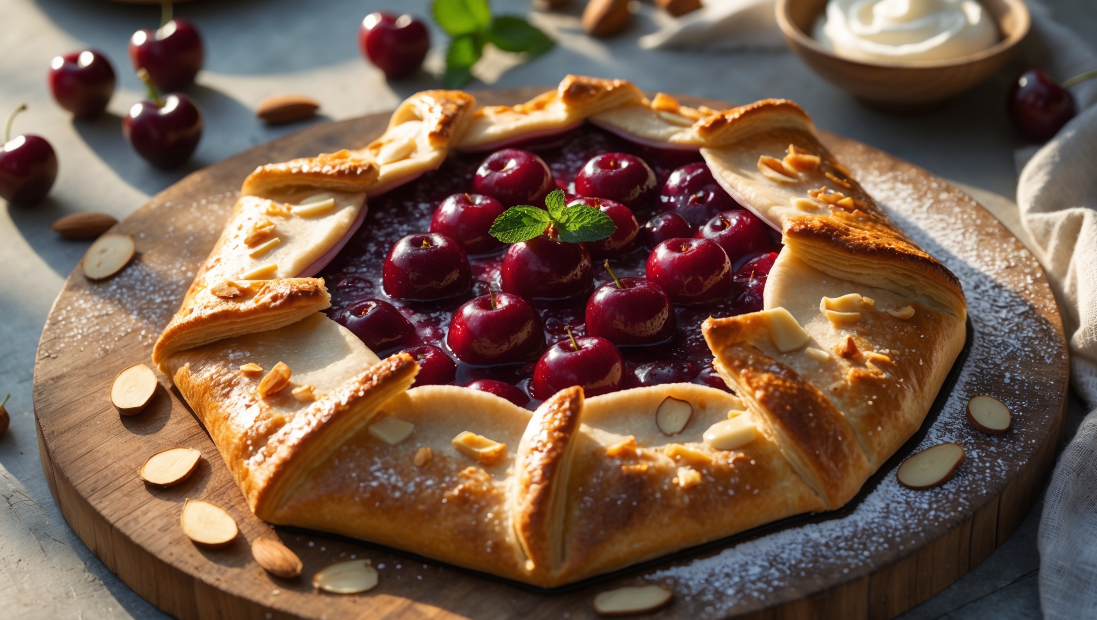 An overhead shot of a golden-brown galette on a rustic wooden serving board, with ruby-red cherry filling glistening in the center and visible almond slivers scattered throughout. The pastry edges are artfully folded over the filling, creating a naturally imperfect border with caramelized sugar crystals catching the soft natural light. A cross-section view reveals the flaky layers of buttery pastry and the juicy cherry filling with its rich crimson syrup. In the background, scattered fresh cherries and a small bowl of amaretto cream add context, while a dusting of powdered sugar creates beautiful contrast against the dark fruit. The styling is completed with vintage linen napkins and a sprig of fresh mint, all bathed in warm afternoon light that enhances the galette's homemade charm.