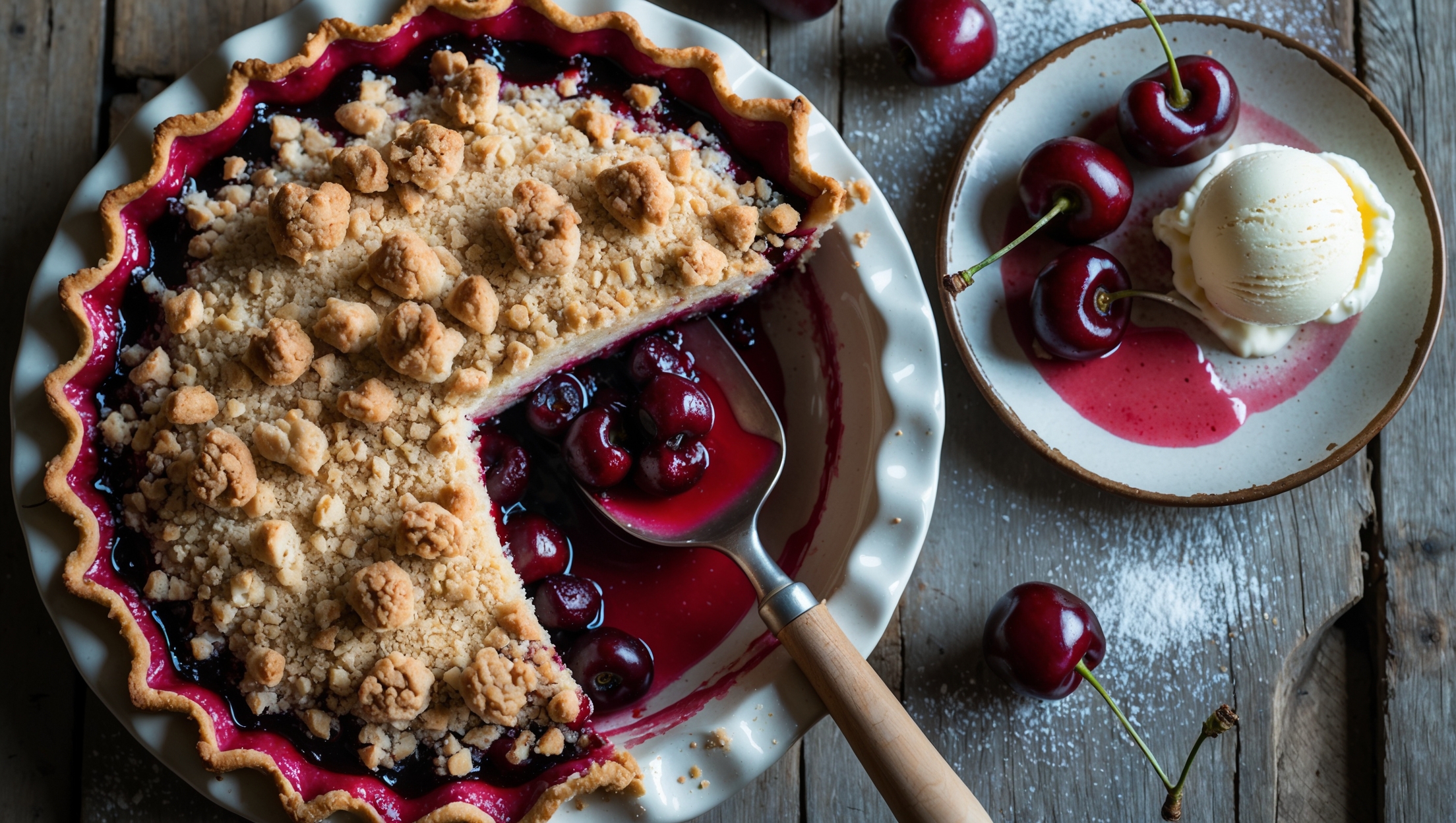 Overhead shot of a rustic Cherry Crumble Pie with edges of the golden-brown crumble topping revealing glimpses of the deep ruby cherry filling bubbling through. The pie sits on a vintage ceramic plate against a weathered wooden table, with soft natural light highlighting the texture contrast between the crumbly topping and juicy cherries. A scoop has been removed, revealing the perfect slice with cherry juice cascading slightly onto the plate. Scattered fresh cherries and a light dusting of powdered sugar surround the pie, while a scoop of melting vanilla ice cream sits alongside, creating a beautiful temperature contrast.
