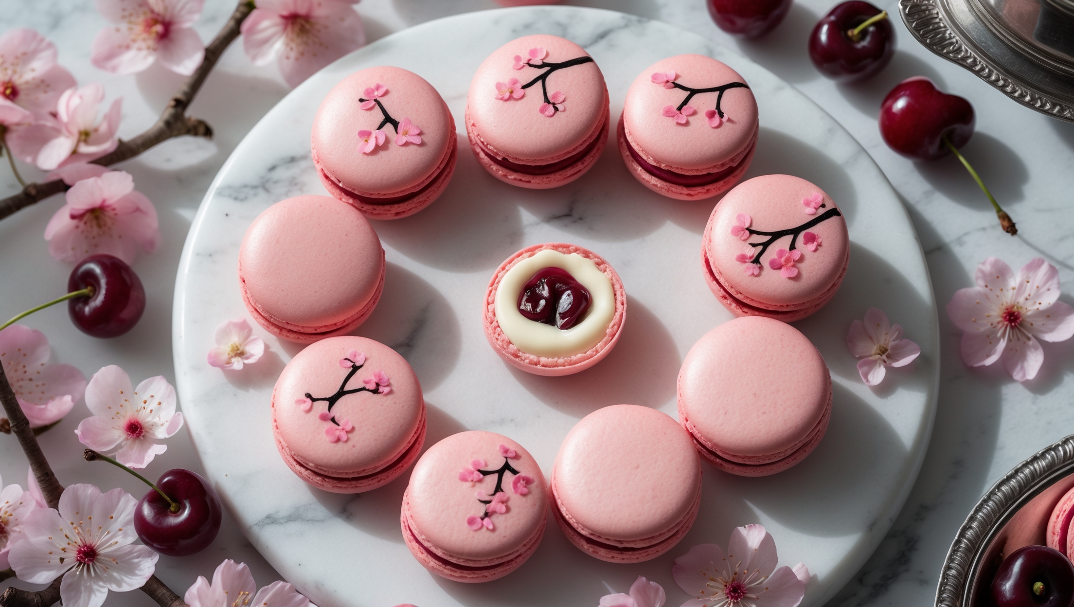 Overhead shot of perfectly formed cherry blossom macarons arranged in a circular pattern on a white marble serving platter. Soft natural light highlights their smooth, glossy pink shells with characteristic "feet" around the base. A cross-section view reveals the delicate interior crumb and creamy white chocolate-cherry ganache. Scattered cherry blossoms and a few whole dried cherries add context and color contrast. A vintage silver tea service sits partially in frame, suggesting an elegant afternoon tea setting. The macarons' subtle pink color gradation mimics real cherry blossoms, some decorated with hand-painted delicate branch patterns using edible food coloring.