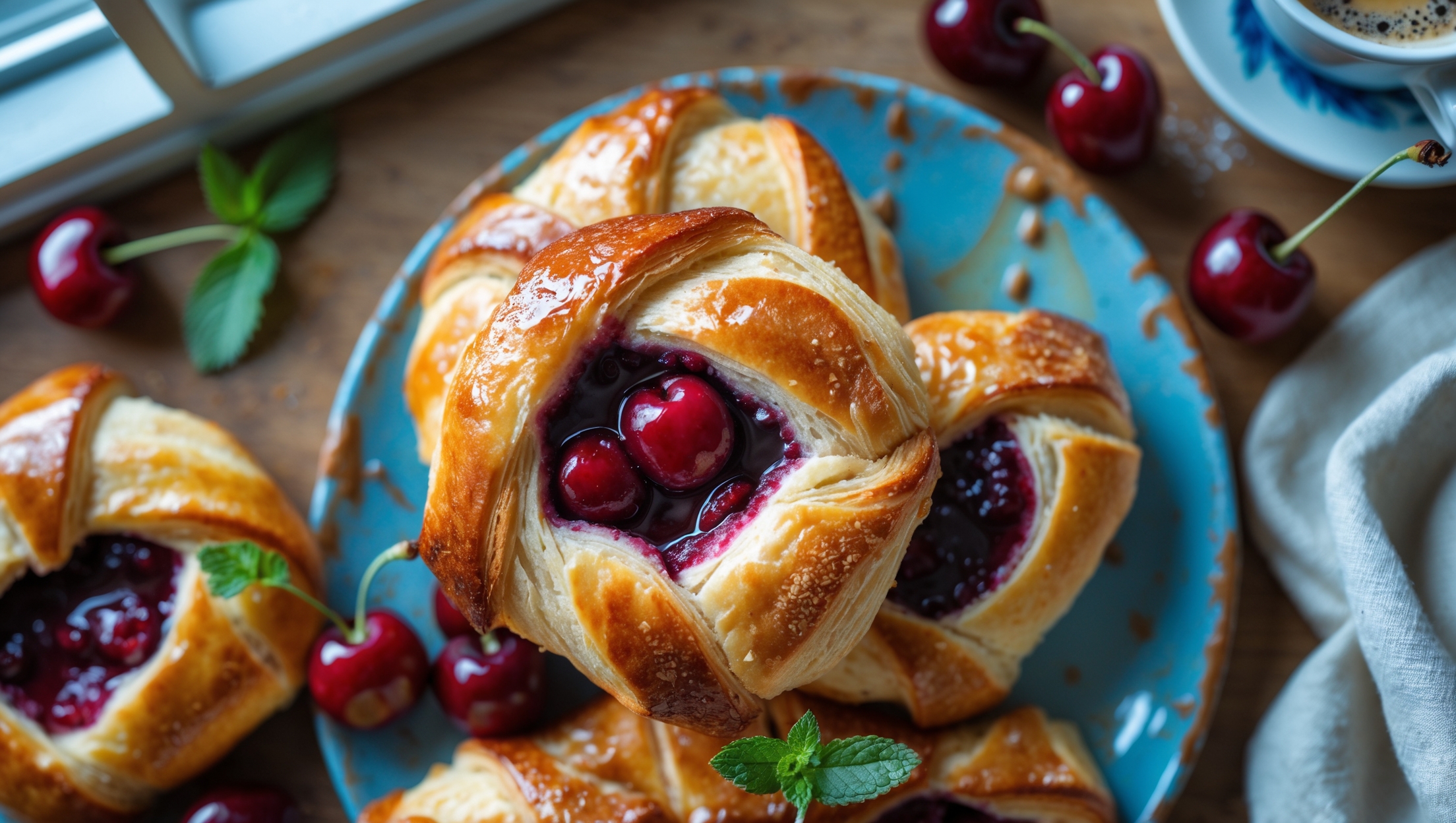 An overhead shot of golden-brown Cherry Danishes arranged on a vintage blue ceramic platter, with one Danish in the foreground revealing its glossy ruby-red cherry filling nestled in delicate layers of flaky pastry. Soft morning light streams through a kitchen window, highlighting the caramelized edges and shimmering sugar glaze that drips artfully down the sides. Scattered fresh cherries and a sprig of mint provide vibrant color contrast against the pastry's amber tones, while a cup of coffee and linen napkin complete the cozy breakfast scene, suggesting a moment of indulgence about to be savored.
