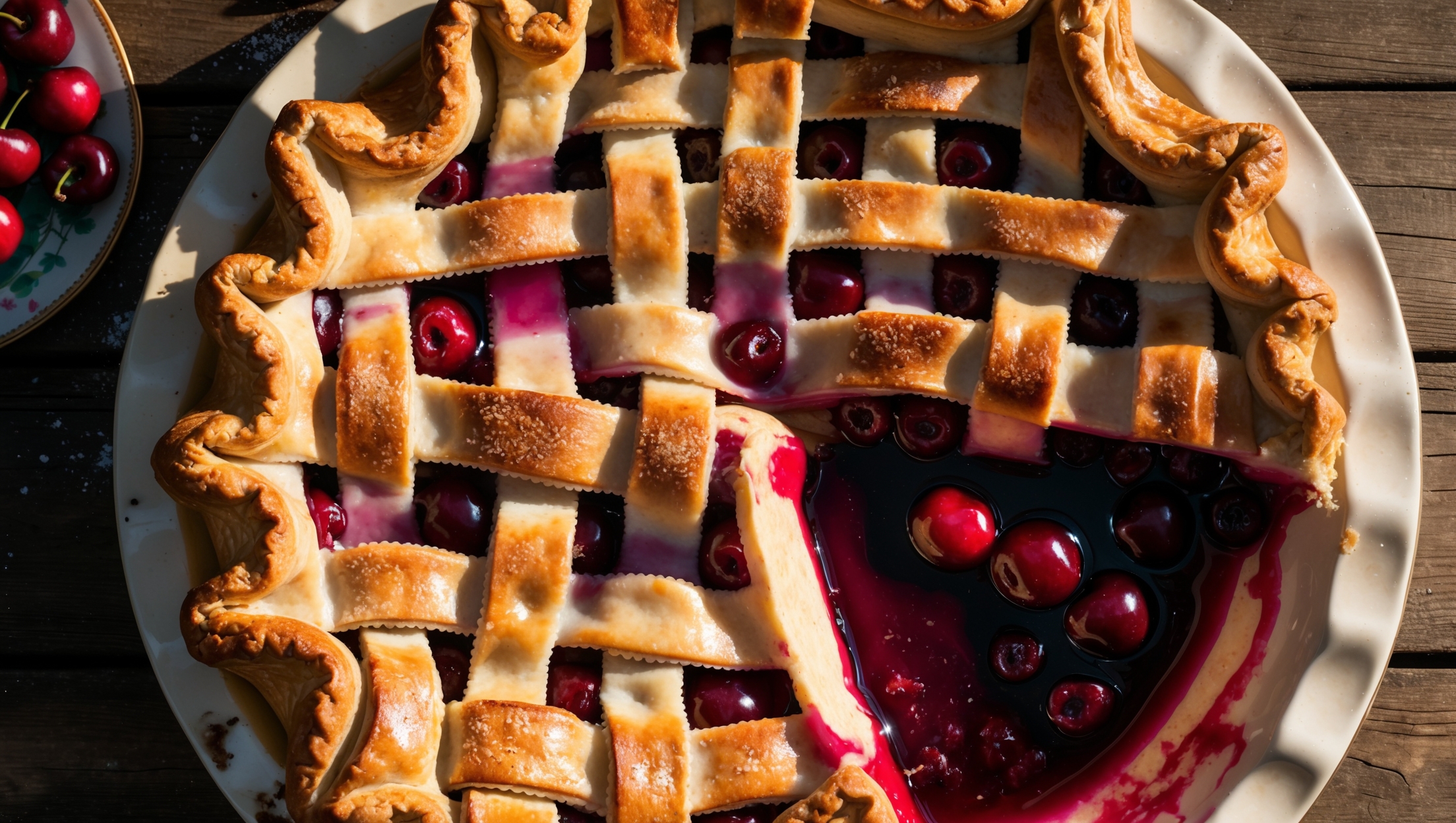 An overhead shot of a golden-brown cherry pie with a beautifully latticed top crust, revealing glimpses of the ruby-red filling bubbling through decorative vents. A slice has been removed, showcasing the perfectly set cherry filling with whole fruits suspended in a glistening sauce. The pie rests on a vintage-inspired ceramic plate against a rustic wooden table, with a scattering of fresh cherries and a light dusting of sugar visible on the crust's surface. Warm afternoon light catches the crimped edges of the pie, highlighting the flaky layers of the all-butter pastry while creating subtle shadows that emphasize the texture contrasts between crust and filling.