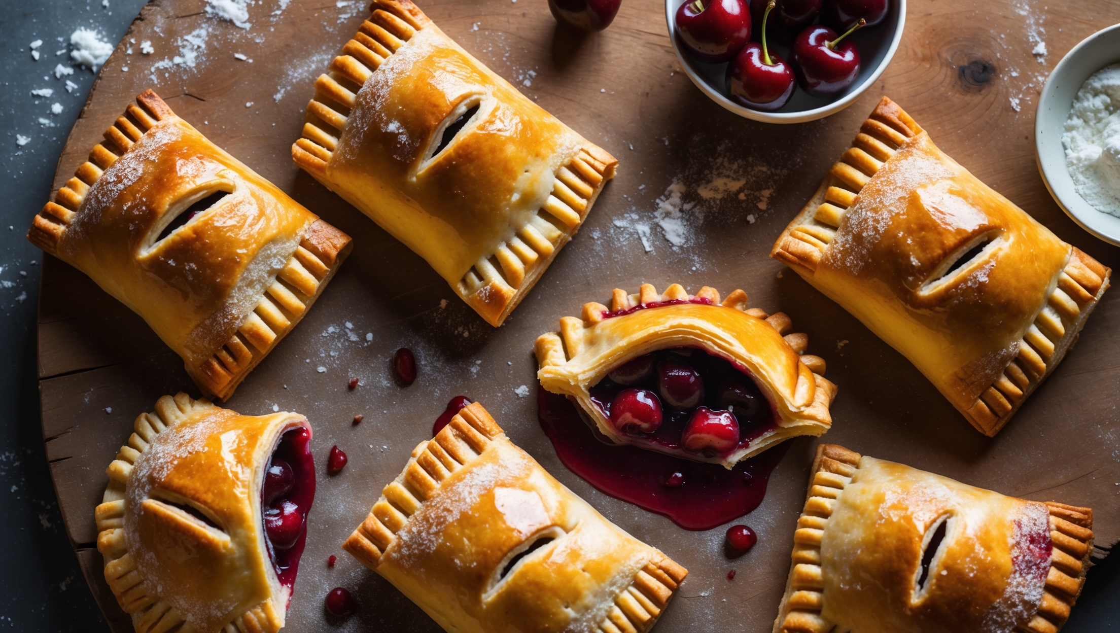 An overhead shot captures six golden-brown cherry hand pies arranged on a rustic wooden board, with a dusting of coarse sugar crystals glistening on their crimped edges. Soft natural light highlights the flaky pastry layers while revealing small bursts of deep ruby filling peeking through decorative vents. A cross-section view of one pie shows the perfect ratio of buttery crust to the jammy cherry interior, with visible fruit pieces suspended in the glossy filling. In the background, a small bowl of fresh cherries and scattered flour provide context, while a light drizzle of vanilla glaze creates appealing contrast against the warm tones of the pastry.