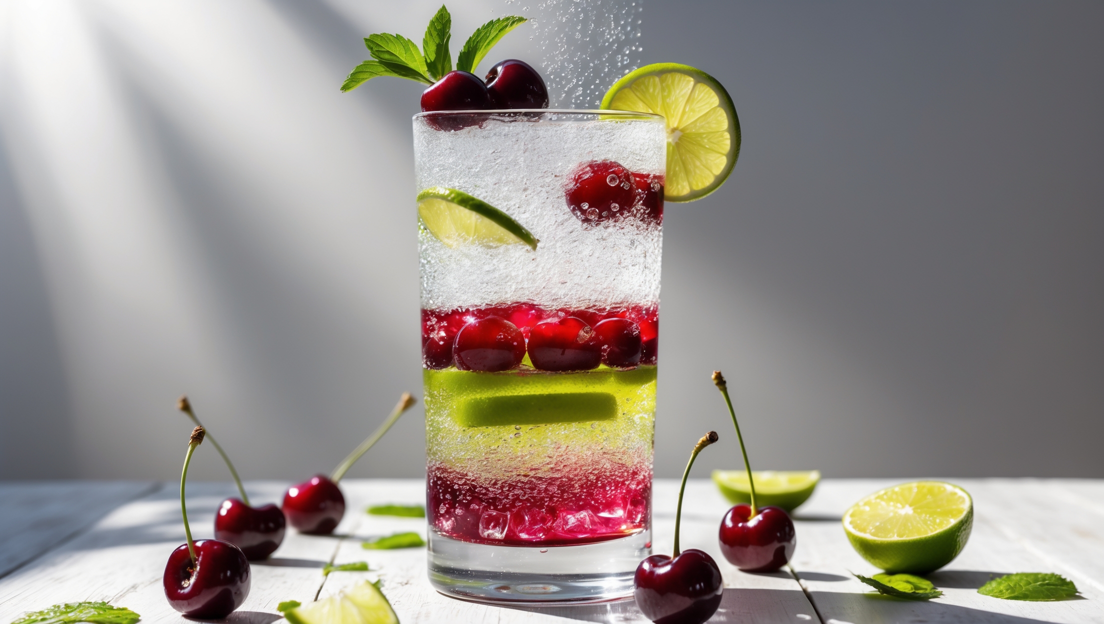 A tall, crystal-clear highball glass reveals layers of ruby-red cherry and lime green hues, topped with a crown of effervescent bubbles that dance in bright natural daylight. Crushed ice catches the light while floating fresh cherries and lime wheels create striking color contrast. A lime wheel perches on the rim alongside a sprig of mint, and condensation beads attractively down the glass. The drink sits on a light wooden surface with scattered whole cherries and lime wedges surrounding the base, highlighting the fresh ingredients that define this vibrant mocktail.