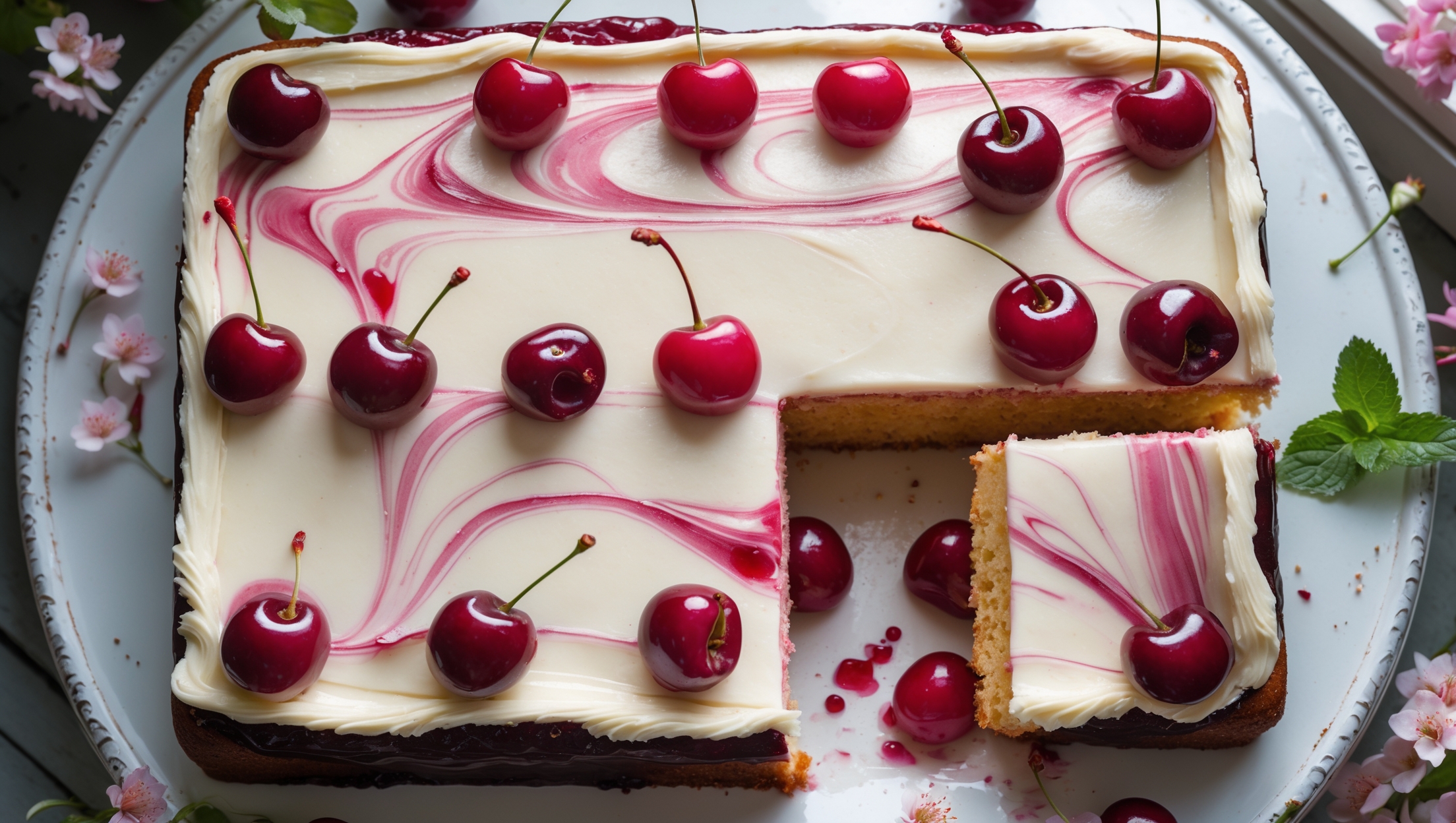 An overhead shot of a rectangular cherry sheet cake with a perfectly level surface covered in smooth, ivory-colored cream cheese frosting. Cherry-pink swirls marble through the frosting, while whole glazed cherries strategically placed across the top create jewel-like accents. A single slice has been removed, revealing the moist, golden-crumbed interior studded with ruby-red cherry pieces. The cake sits on a vintage white ceramic cake stand, with soft natural light streaming in from a nearby window, highlighting the delicate texture of the cake and the glossy sheen of the cherries. Fresh green mint leaves and a scattering of cherry blossoms add a seasonal touch to the composition, complementing the rustic elegance of this homestyle baked treat.