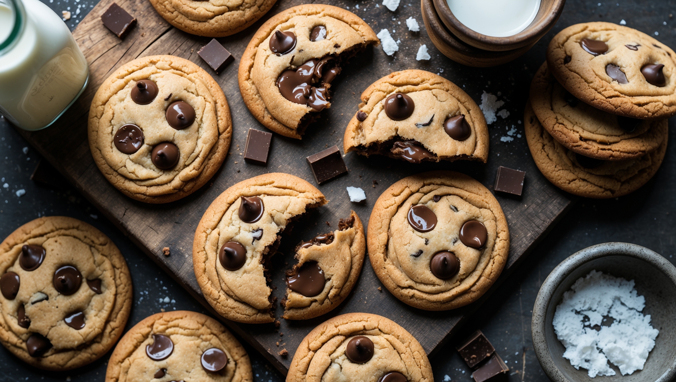 An overhead shot of freshly-baked chocolate chip cookies arranged on a rustic wooden board, with one cookie broken in half revealing its chewy interior and melted chocolate pockets. Natural window light illuminates the scene, highlighting the cookies' golden-brown edges and textured tops. A vintage milk bottle and small ceramic bowl of flaky sea salt sit alongside, while scattered chocolate chunks and a few crumbs create an inviting, just-baked atmosphere. The cookies' slightly underbaked centers glisten with chocolate that's still warm, capturing that perfect moment when cookies are at their most tempting.