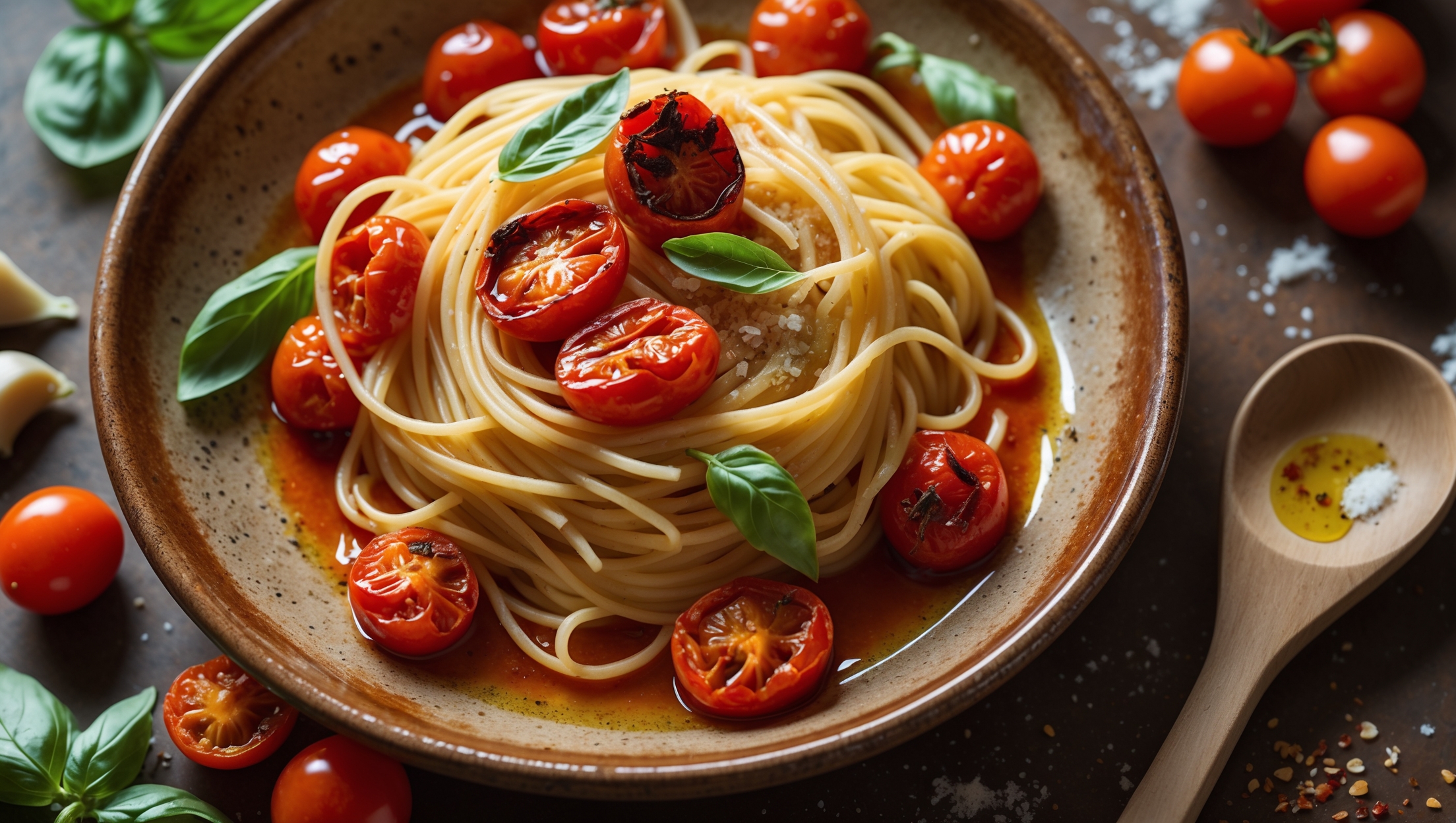 An overhead shot of al dente spaghetti tossed in a glossy, ruby-red cherry tomato sauce, with burst roasted tomatoes scattered throughout. Captured in warm, natural afternoon light, the pasta is plated on a rustic ceramic dish with delicate basil leaves and fresh-grated Parmesan adding color contrast. A wooden spoon rests alongside the dish, while drops of olive oil glisten on the pasta's surface. The background shows scattered fresh cherry tomatoes and garlic cloves, with a sprinkle of red pepper flakes adding textural interest.