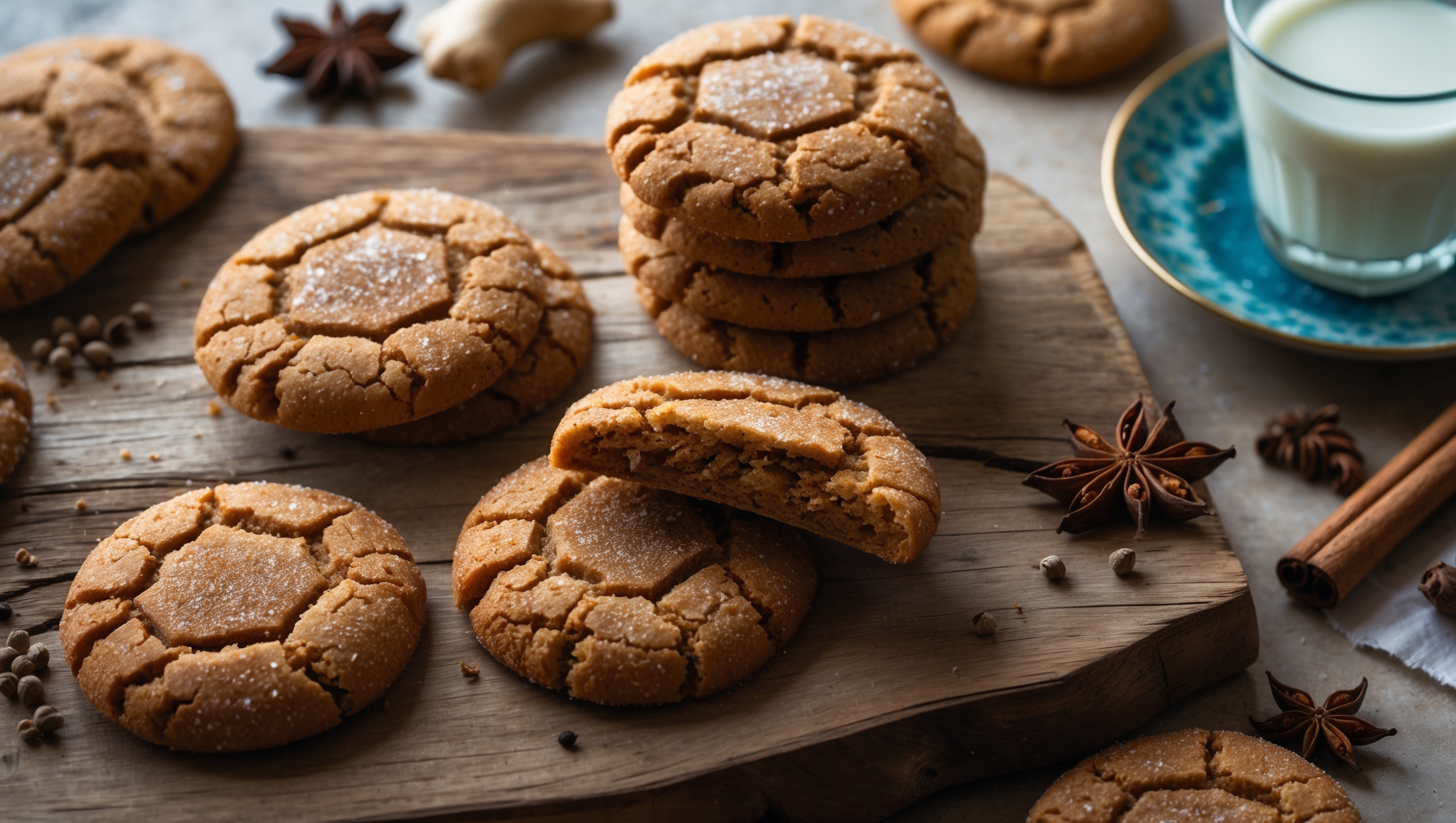 An overhead shot captures a rustic wooden board where several golden-brown ginger cookies rest, their crackled tops glistening with sugar crystals that catch the soft afternoon light. A cross-section reveals the distinctively chewy interior, with tiny air pockets throughout the rich, amber-colored dough. In the background, a vintage blue ceramic plate holds a perfect stack of cookies, while scattered whole spices—cinnamon sticks, star anise, and knobs of fresh ginger—create context around the edges. A small glass of milk sits nearby, suggesting the perfect pairing, while steam rises subtly from a freshly-baked batch, hinting at the aromatic blend of ginger, cinnamon, and cloves that permeates the scene.
