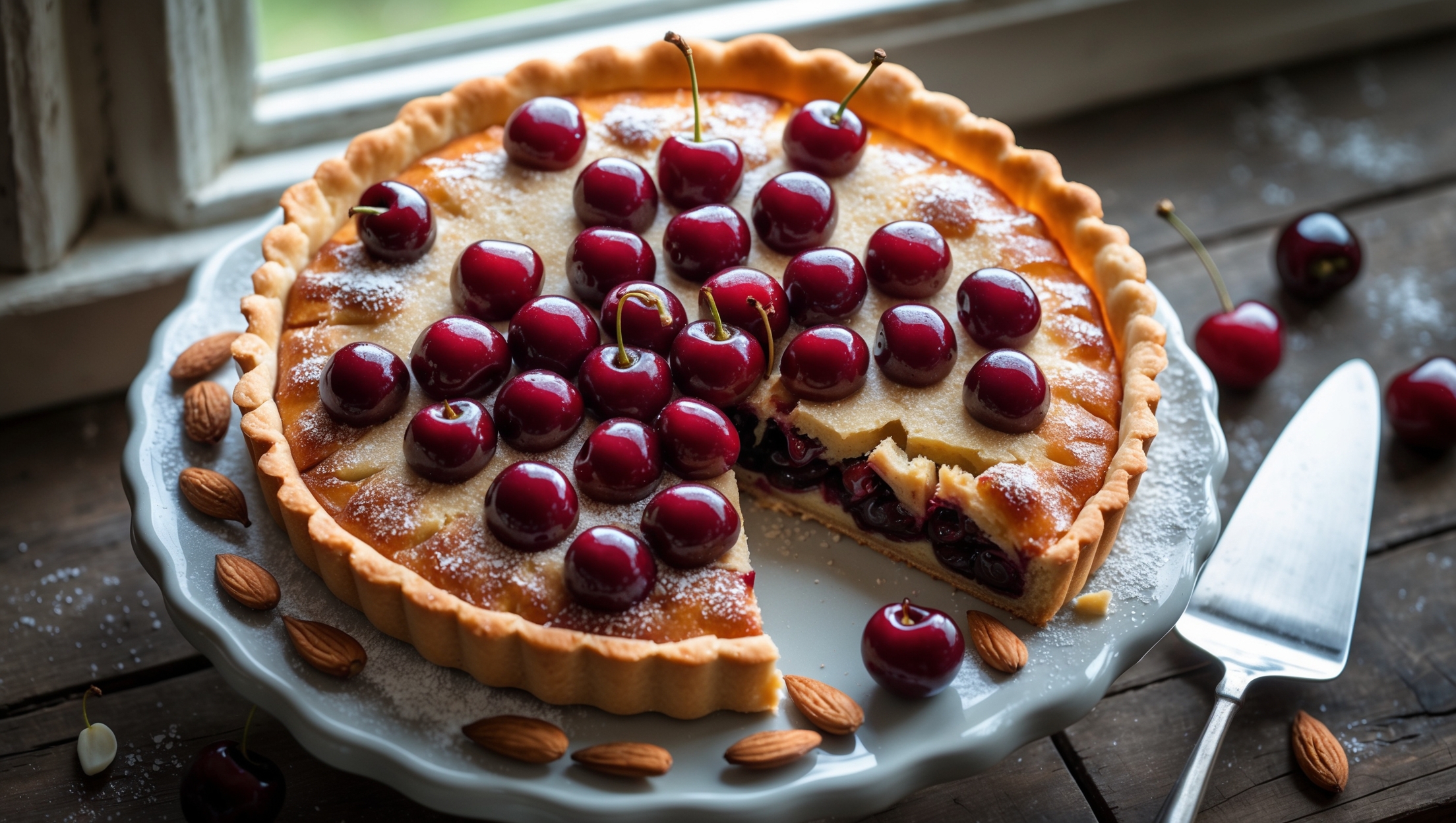 An overhead shot of a perfectly golden Cherry and Almond Tart resting on a vintage white ceramic cake stand. Soft natural light streams through a nearby window, highlighting the glossy ruby-red cherries nestled in the golden-brown almond frangipane. A cross-section view reveals the distinct layers of crisp shortcrust pastry, moist almond filling, and baked cherries that have slightly sunk into the frangipane. Scattered around the base are a few raw almonds and fresh cherries, while a light dusting of icing sugar creates beautiful contrast against the rich colors. A silver cake server rests nearby on a rustic wooden table, ready to cut into the first slice.