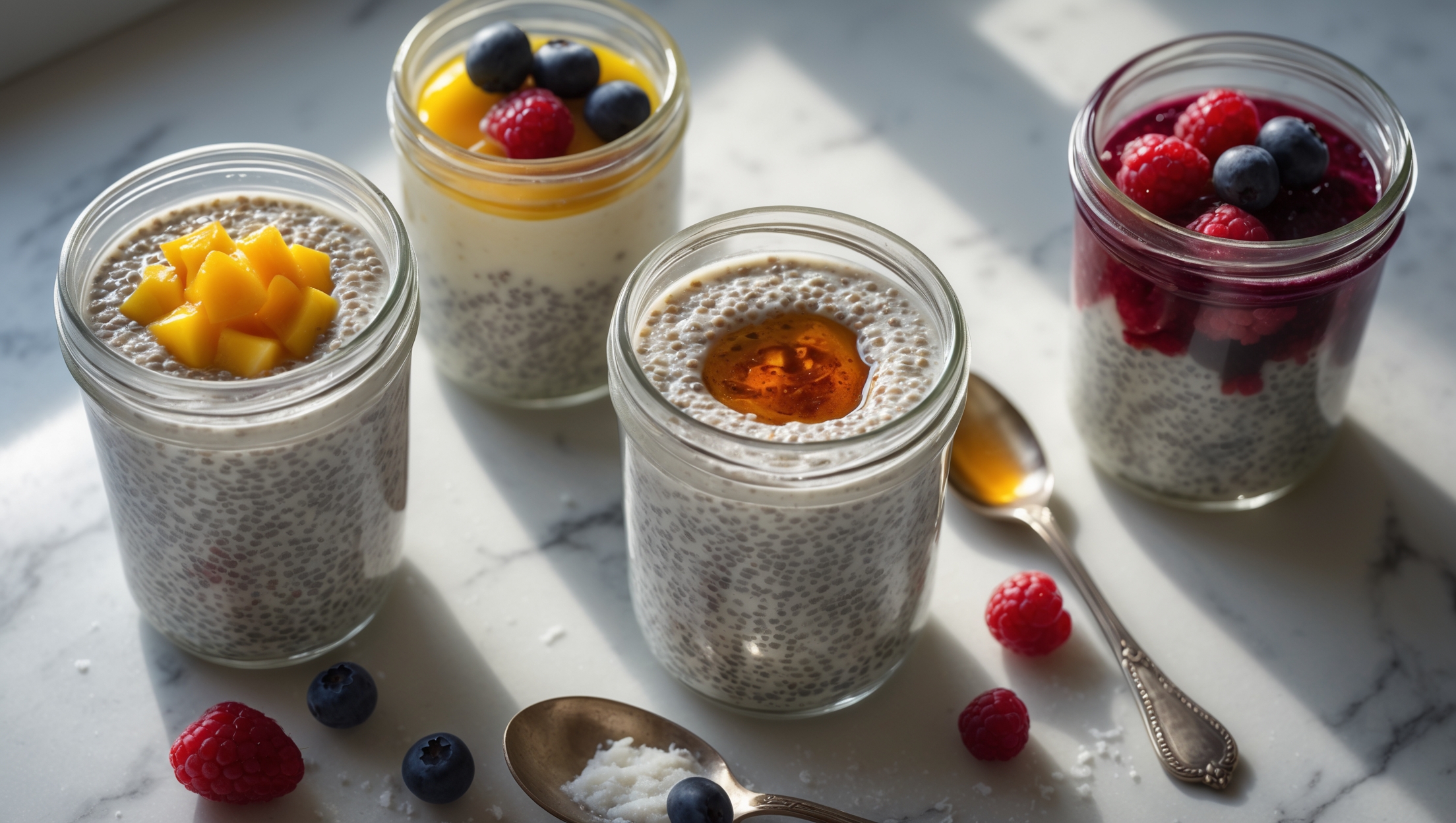 An overhead shot of three glass jars filled with pristine white chia pudding, each displaying perfect seed suspension throughout the creamy mixture. The jars sit on a light marble surface bathed in soft morning light, with fresh berries cascading around them. A close-up reveals the delicate texture of the pudding, showing the tiny chia seeds that have plumped to create a tapioca-like consistency. One jar features layers of vibrant mango purée, another shows a drizzle of maple syrup creating amber rivulets, while the third is topped with a handful of mixed berries and a light dusting of shredded coconut. A small vintage silver spoon rests against one jar, capturing the smooth, spoonable nature of this no-bake breakfast treat.