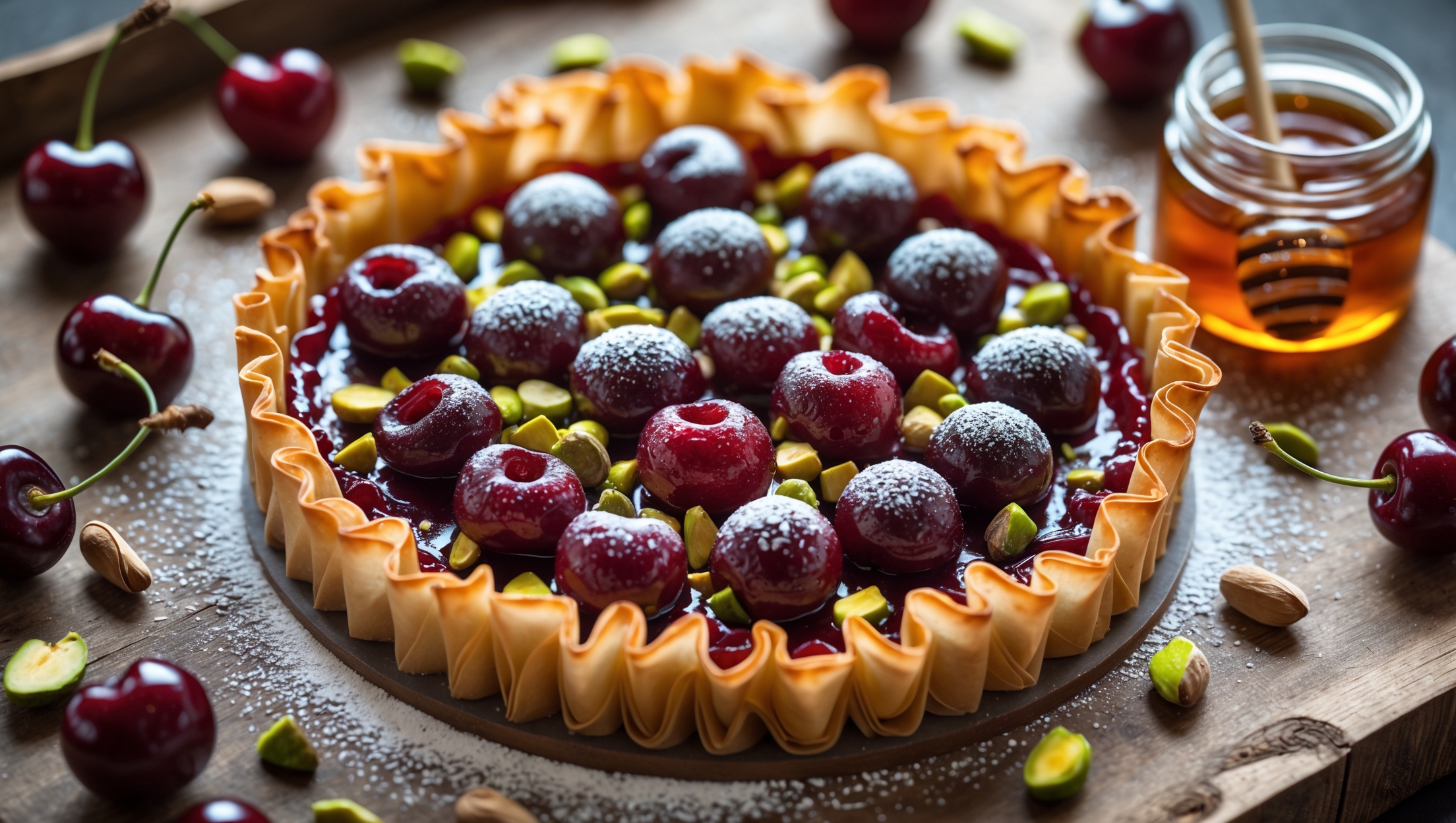 An overhead shot of the Cherry and Pistachio Phyllo Tart reveals its intricate, golden-brown layers of pastry forming a beautifully crinkled border around a jewel-toned cherry filling. Captured in soft natural light, the tart sits on a rustic wooden serving board, with vibrant red cherry juice glistening between scattered bright green pistachio pieces. A cross-section view shows the delicate, paper-thin layers of phyllo creating a crisp foundation beneath the juicy cherries. A light dusting of powdered sugar provides contrast against the deep ruby filling, while a small jar of honey with a dipper sits alongside the tart, suggesting the sweet glaze that enhances the dessert's appeal. Fresh cherries and unshelled pistachios are artfully scattered around the board, emphasizing the tart's key ingredients.